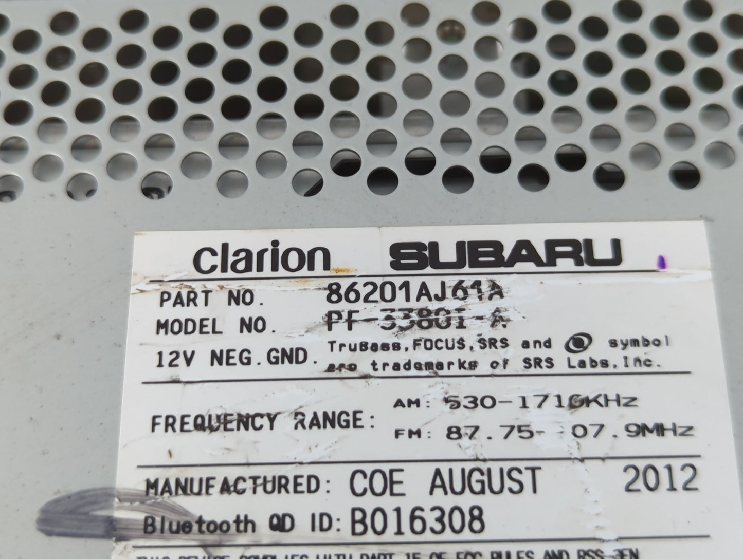 2012-2014 Subaru Legacy Radio AM FM Cd Player Receiver Replacement P/N:86201AJ61A Fits Fits 2012 2013 2014 OEM Used Auto Par