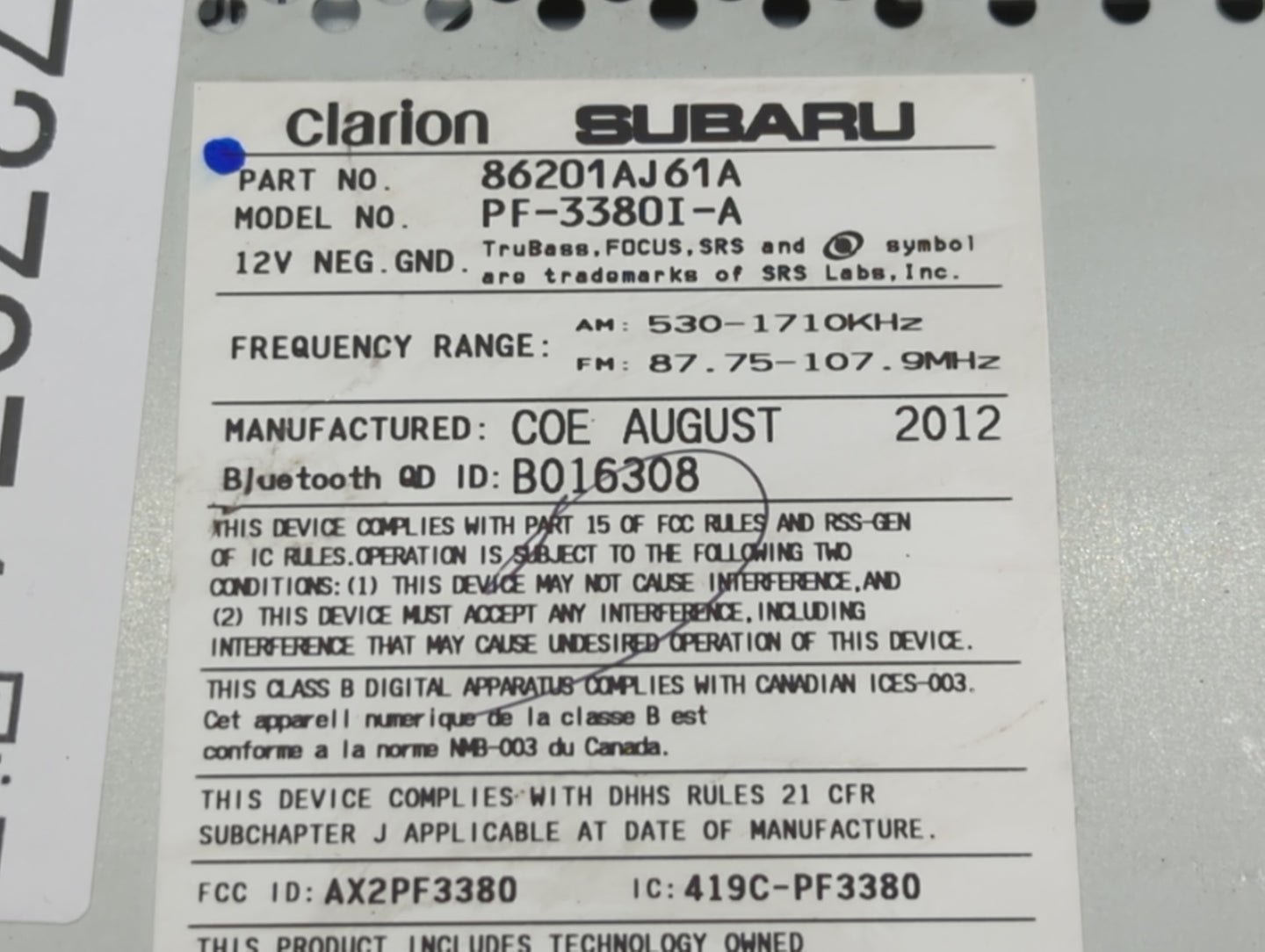 2012-2014 Subaru Legacy Radio AM FM Cd Player Receiver Replacement P/N:86201AJ61A Fits Fits 2012 2013 2014 OEM Used Auto Par