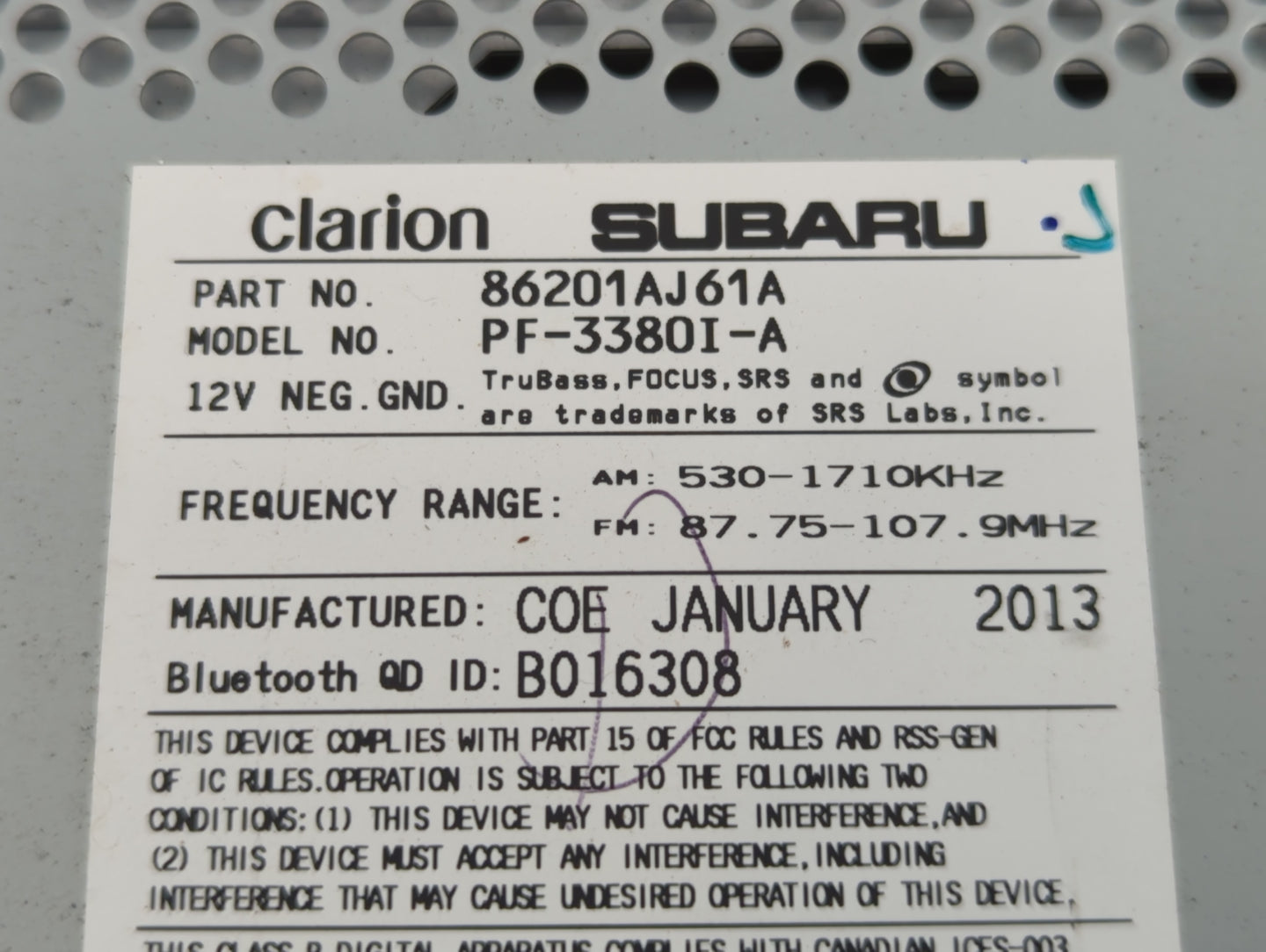 2012-2014 Subaru Legacy Radio AM FM Cd Player Receiver Replacement P/N:86201AJ61A Fits Fits 2012 2013 2014 OEM Used Auto Par