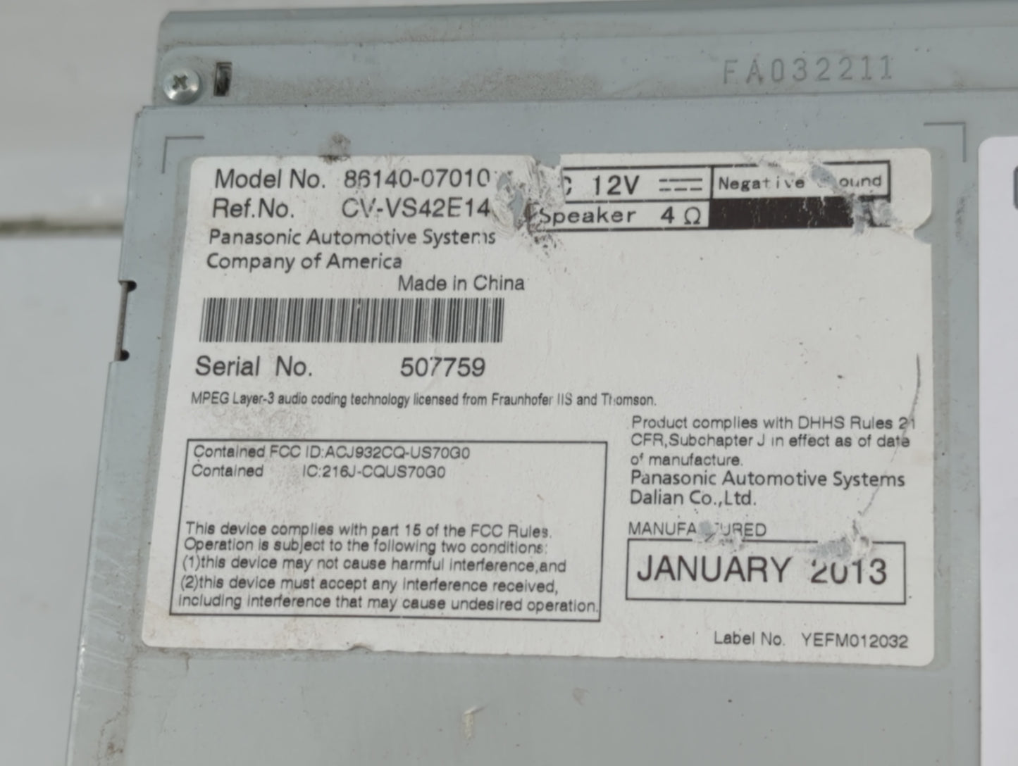 2013-2014 Toyota Avalon Radio AM FM Cd Player Receiver Replacement P/N:86140-07010 Fits Fits 2013 2014 OEM Used Auto Parts -