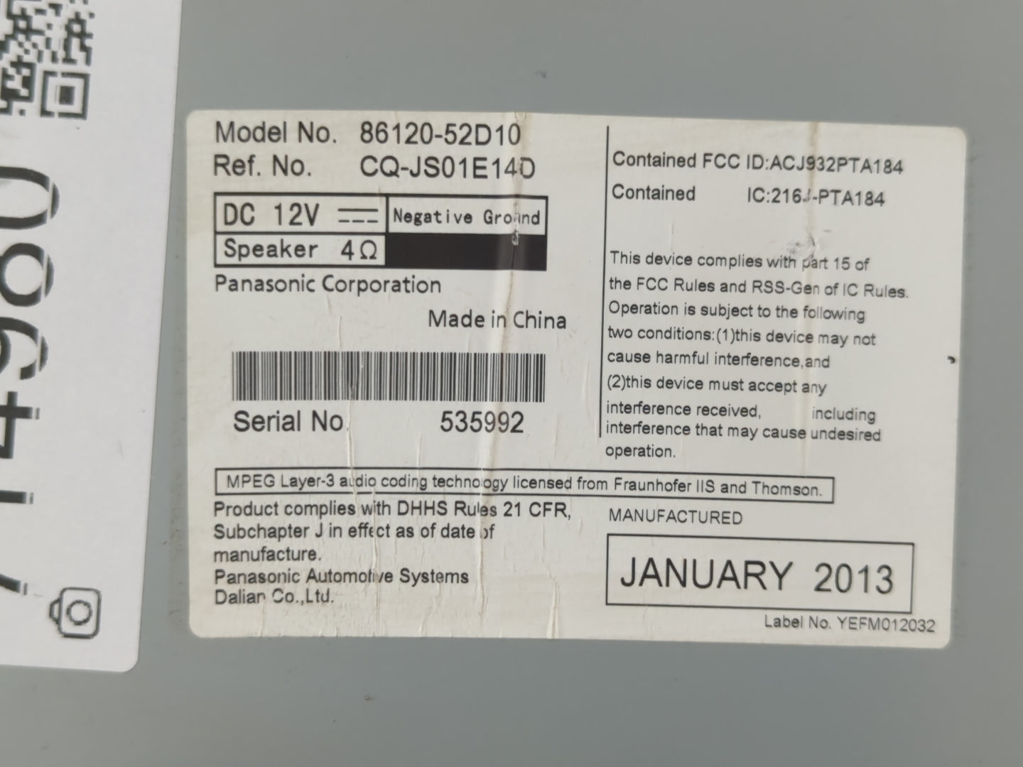 2012-2014 Toyota Prius Radio AM FM Cd Player Receiver Replacement P/N:86120-52D10 Fits Fits 2012 2013 2014 OEM Used Auto Par