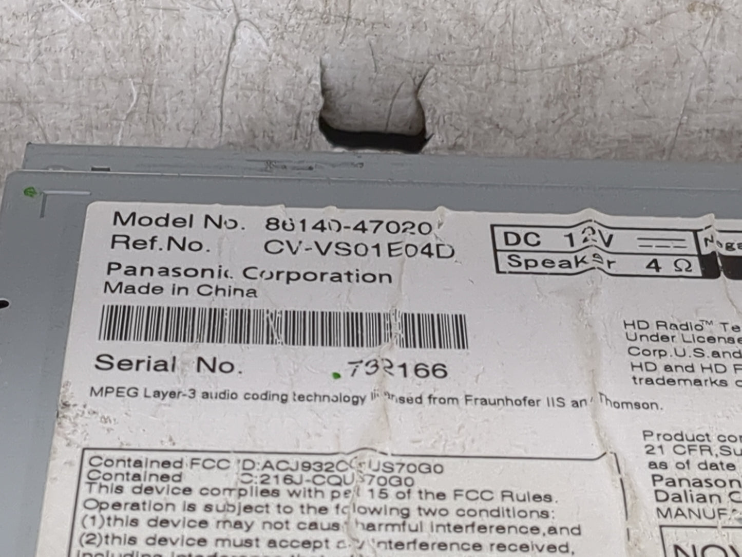 2012-2014 Toyota Prius V Radio AM FM Cd Player Receiver Replacement P/N:86140-47020 CV-VS01E04D, 57011 Fits Fits 2012 2013 2