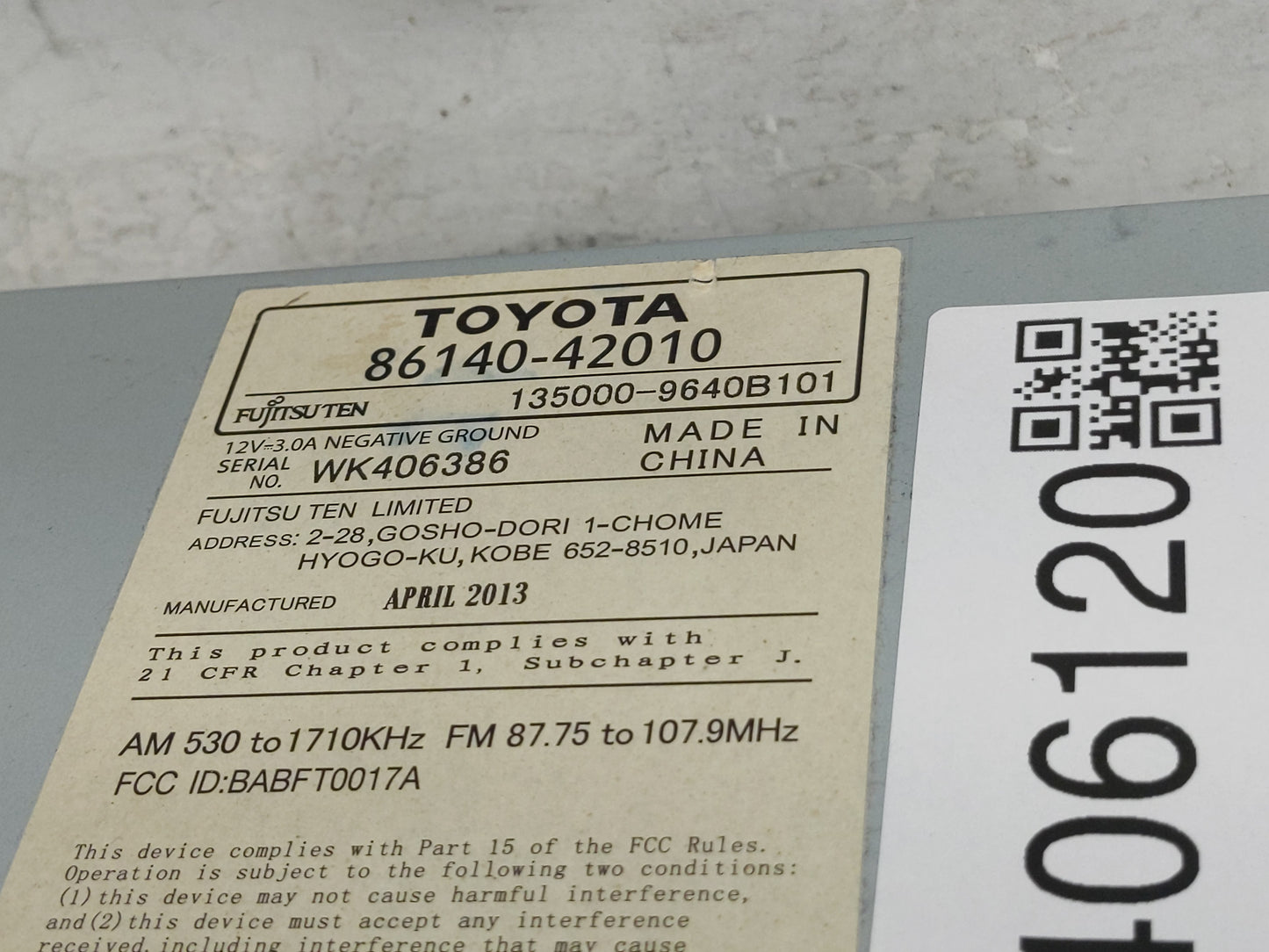 2013 Toyota Rav4 Radio AM FM Cd Player Receiver Replacement P/N:86140-42010 Fits OEM Used Auto Parts - Oemusedautoparts1.com