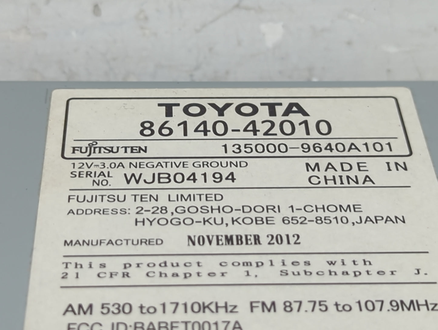 2013 Toyota Rav4 Radio AM FM Cd Player Receiver Replacement P/N:86140-42010 135000-9640A101 Fits OEM Used Auto Parts - Oemus