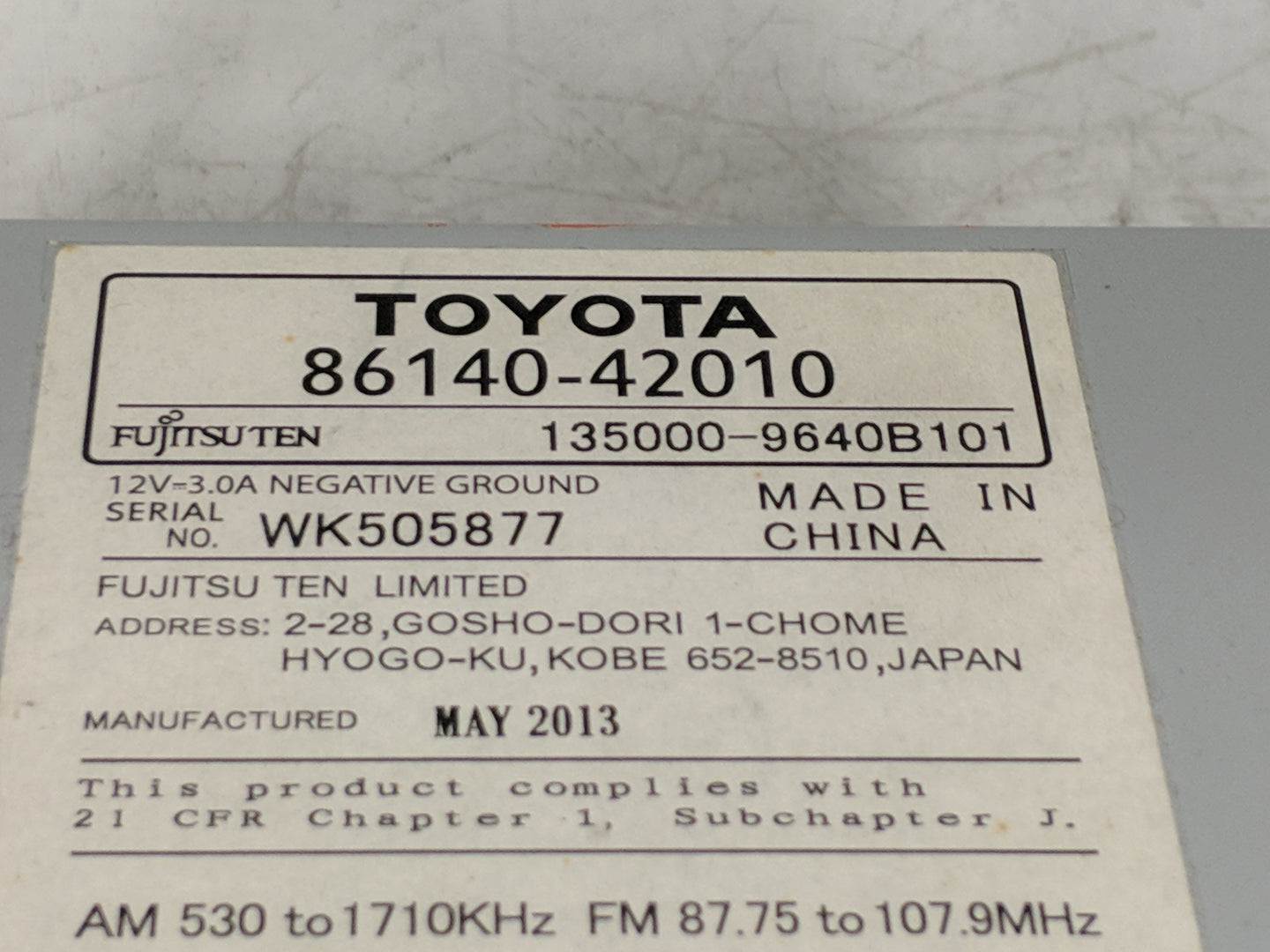 2013 Toyota Rav4 Radio AM FM Cd Player Receiver Replacement P/N:86140-42010 135000-9640B101 Fits OEM Used Auto Parts - Oemus