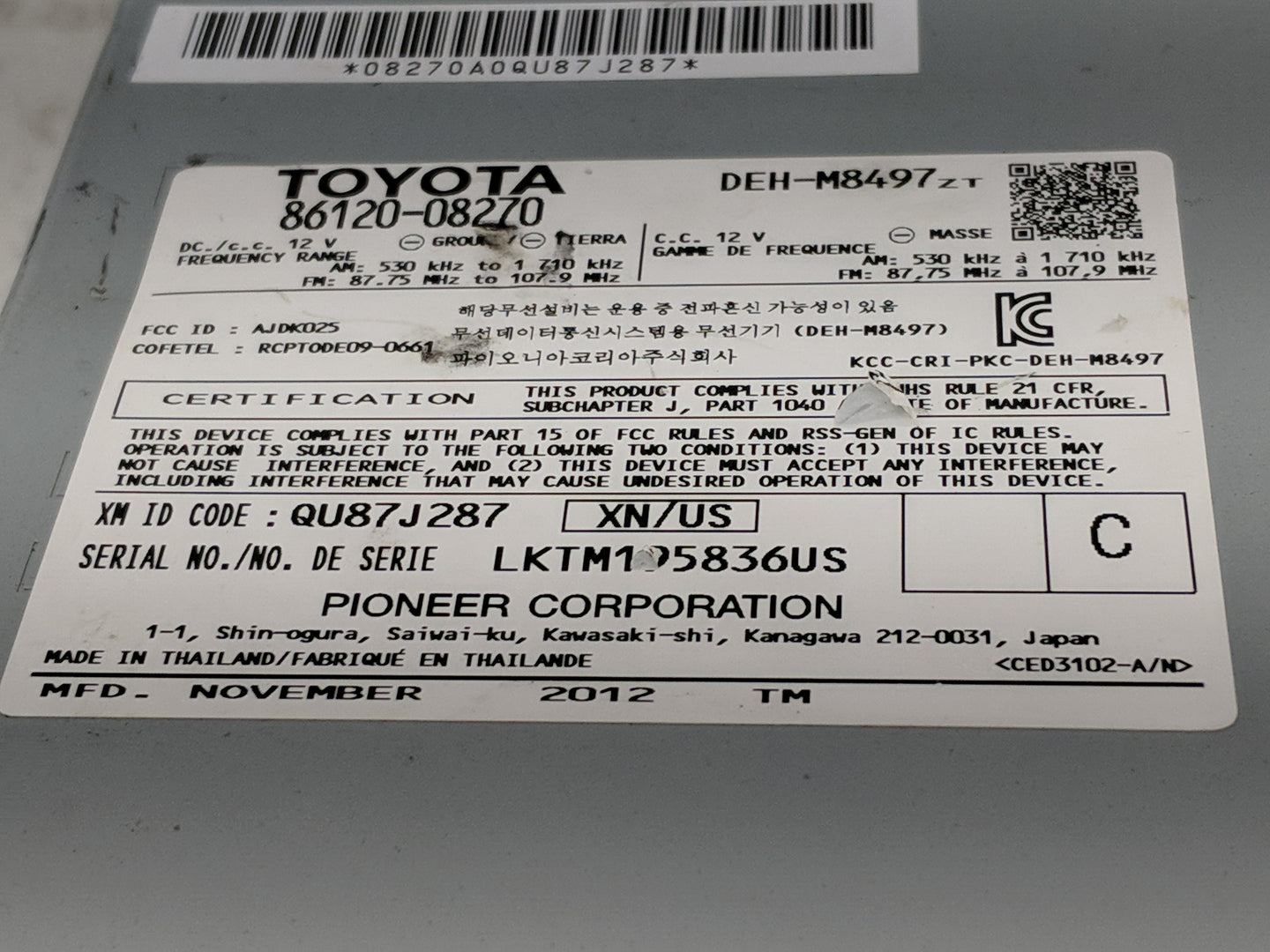 2011-2014 Toyota Sienna Radio AM FM Cd Player Receiver Replacement P/N:86120-08270 Fits Fits 2011 2012 2013 2014 OEM Used Au
