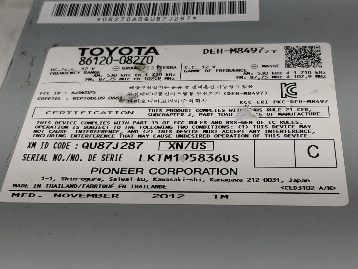 2011-2014 Toyota Sienna Radio AM FM Cd Player Receiver Replacement P/N:86120-08270 Fits Fits 2011 2012 2013 2014 OEM Used Au