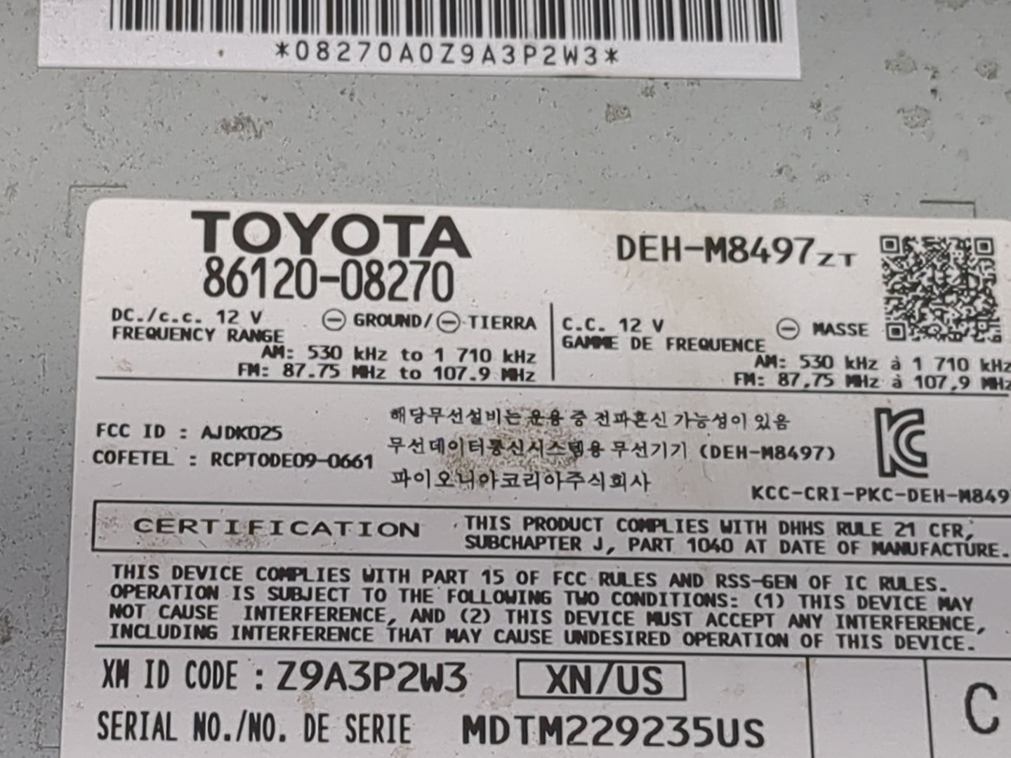 2011-2014 Toyota Sienna Radio AM FM Cd Player Receiver Replacement P/N:86120-08270 DEH-M8497 Fits Fits 2011 2012 2013 2014 O