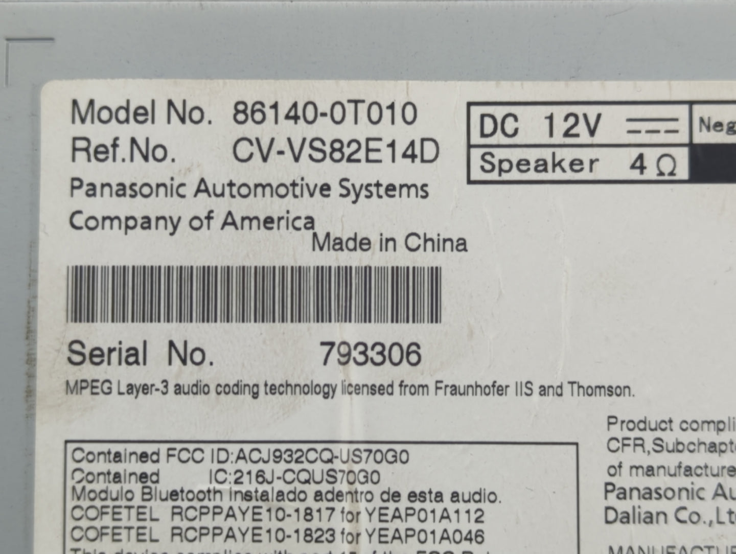 2013-2014 Toyota Venza Radio AM FM Cd Player Receiver Replacement P/N:86140-0T010 Fits Fits 2013 2014 OEM Used Auto Parts - 