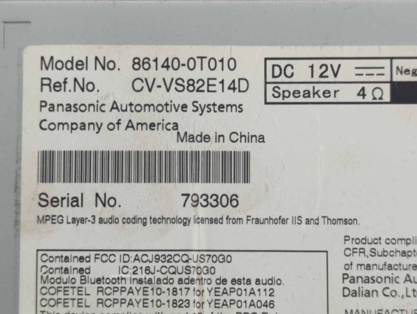 2013-2014 Toyota Venza Radio AM FM Cd Player Receiver Replacement P/N:86140-0T010 Fits Fits 2013 2014 OEM Used Auto Parts - 