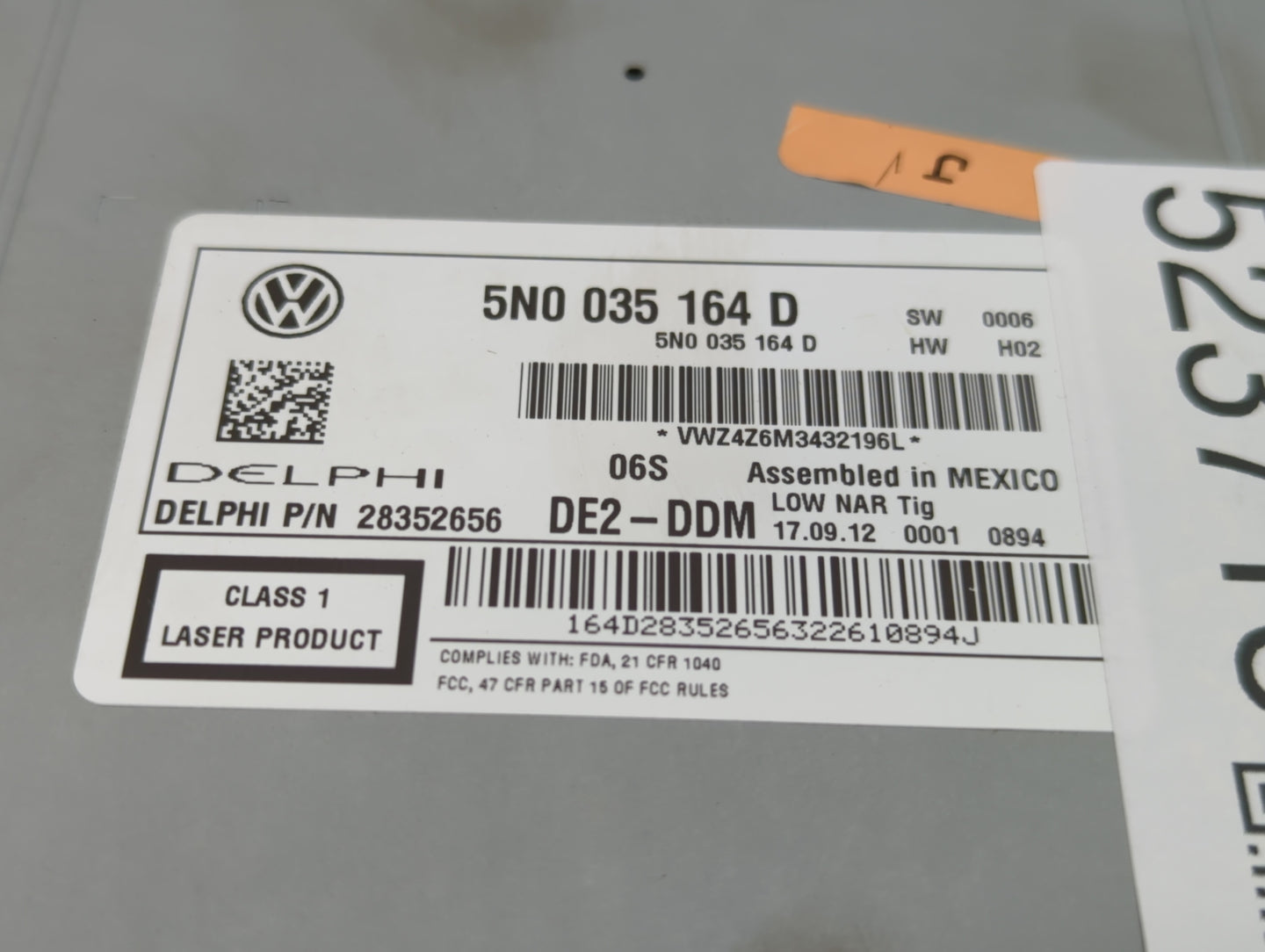 2009-2017 Volkswagen Tiguan Radio AM FM Cd Player Receiver Replacement P/N:5N0 035 164 D Fits OEM Used Auto Parts - Oemuseda