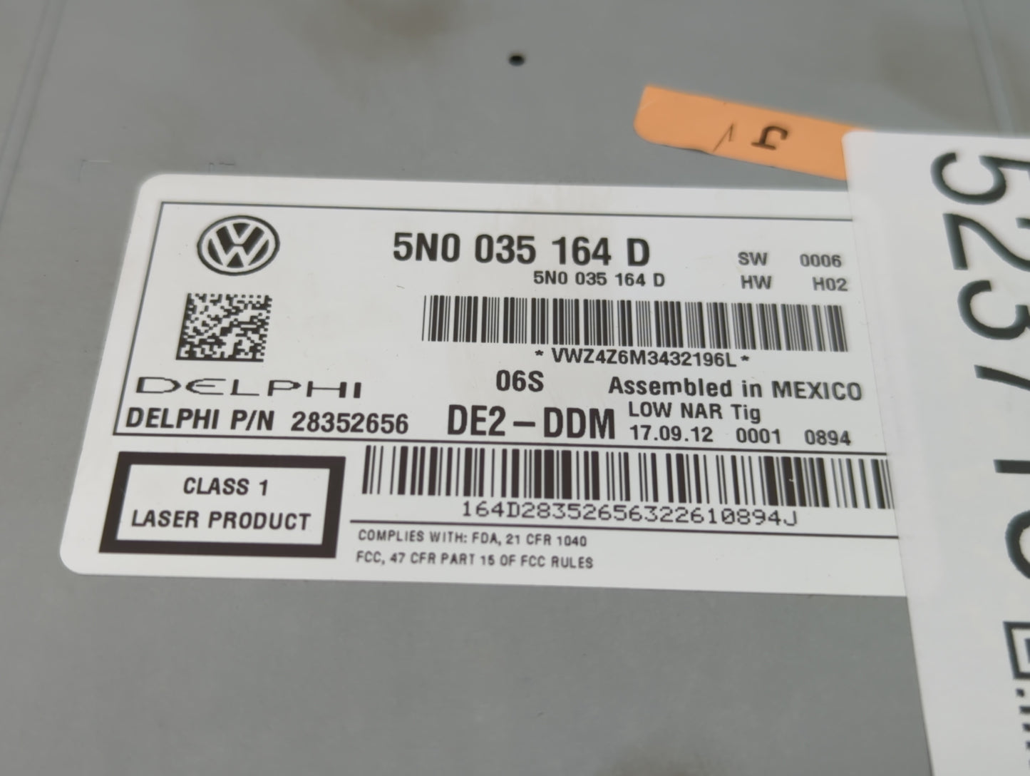 2009-2017 Volkswagen Tiguan Radio AM FM Cd Player Receiver Replacement P/N:5N0 035 164 D Fits OEM Used Auto Parts - Oemuseda