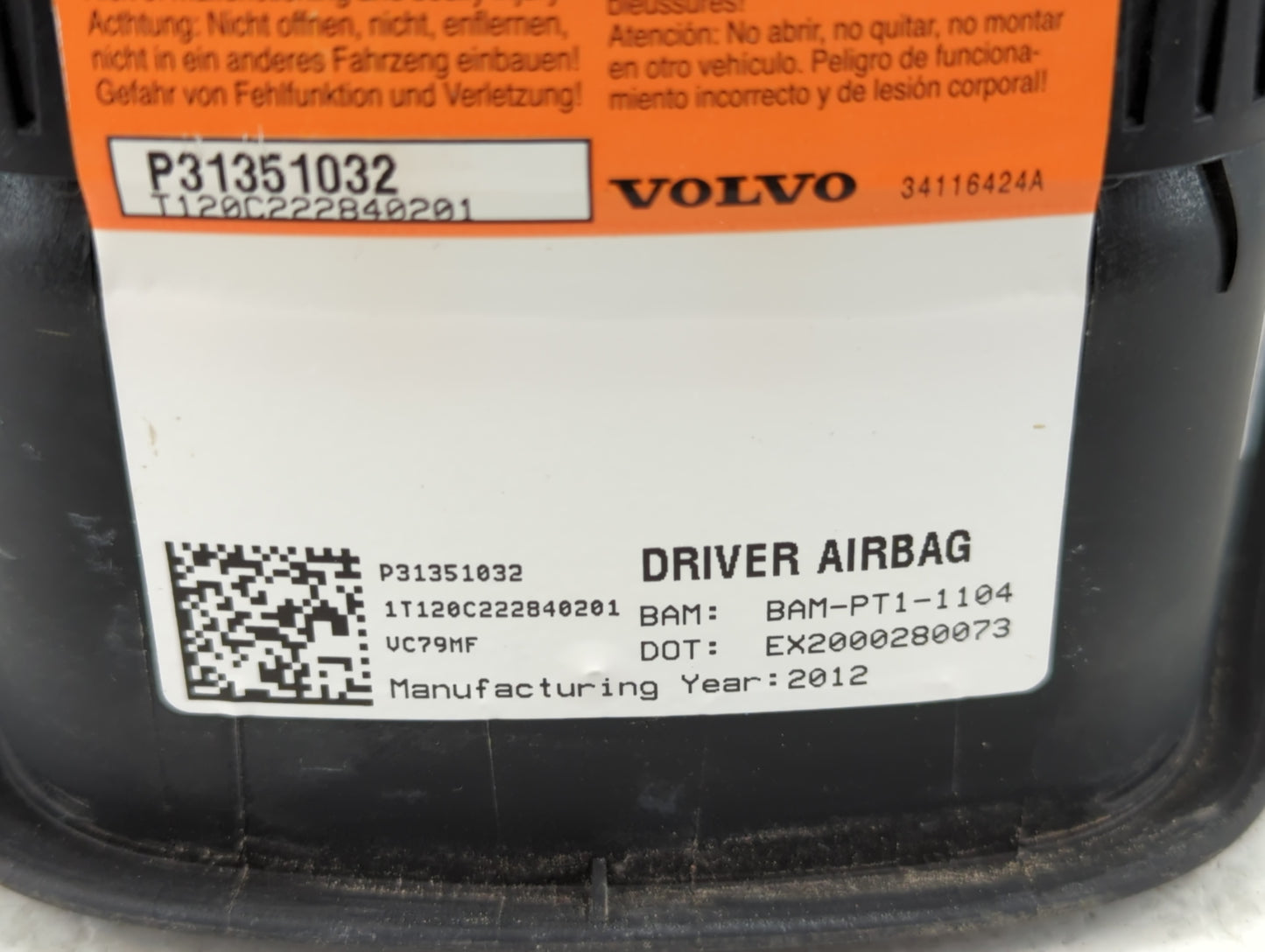 2015-2018 Volvo V60 Air Bag Driver Left Steering Wheel Mounted P/N:P31351032 Fits Fits 2014 2015 2016 2017 2018 OEM Used Aut