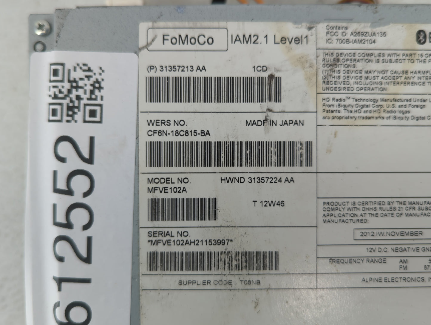 2013 Volvo V60 Radio AM FM Cd Player Receiver Replacement P/N:CF6N-18C815-BA Fits Fits 2011 2012 2014 2015 OEM Used Auto Par