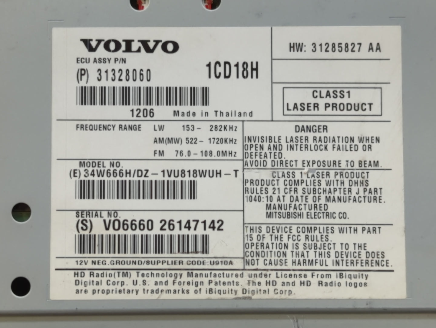 Volvo V70 Am Fm Cd Player Radio Receiver - Oemusedautoparts1.com