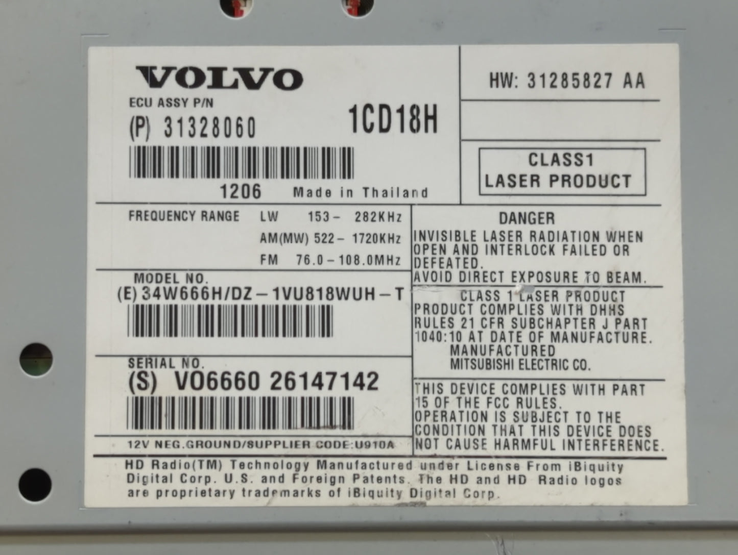 Volvo V70 Am Fm Cd Player Radio Receiver - Oemusedautoparts1.com