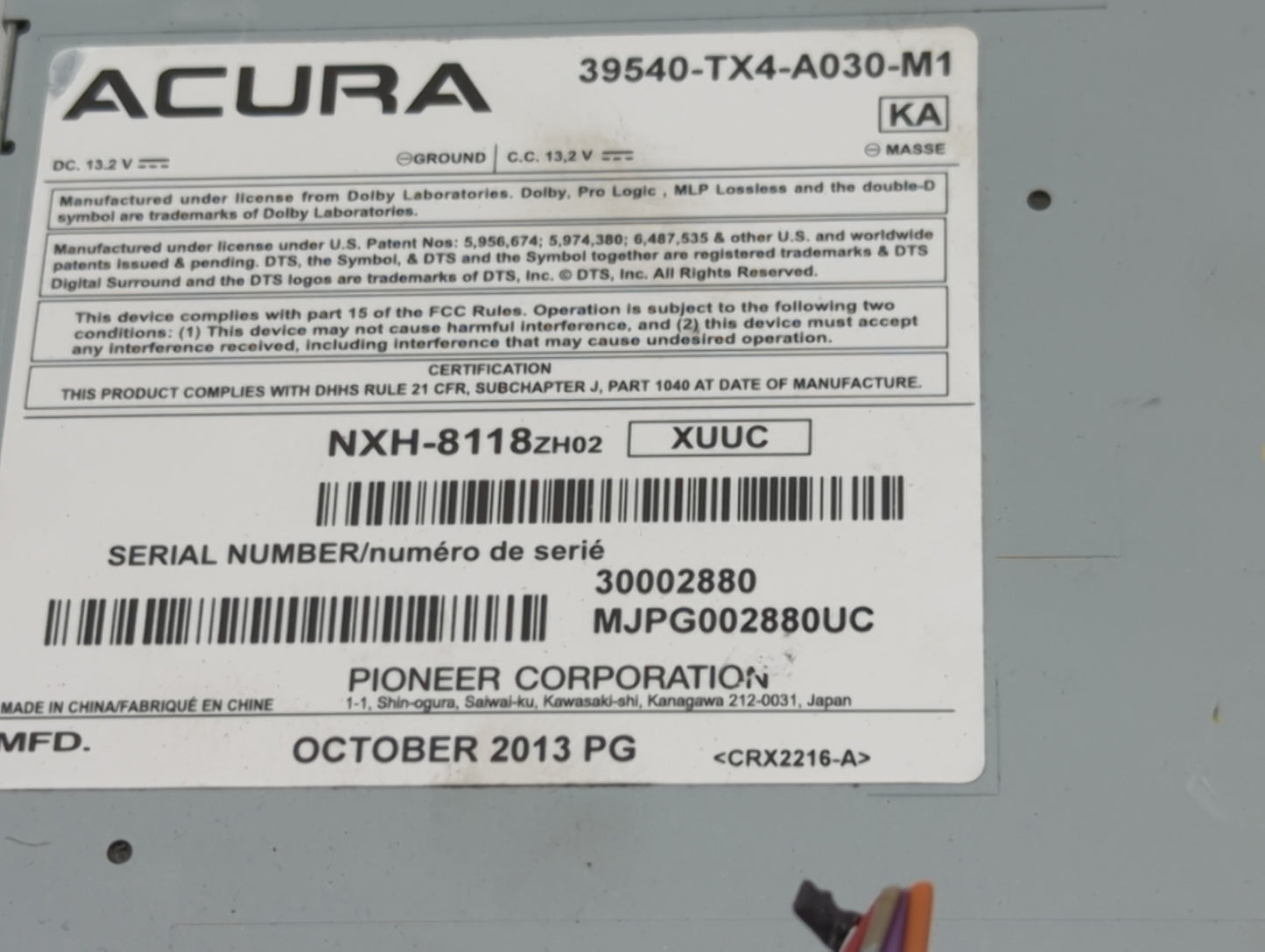 2013-2015 Acura Rdx Radio AM FM Cd Player Receiver Replacement P/N:39540-TX4-A030-M1 NXH-8118 Fits Fits 2013 2014 2015 OEM U