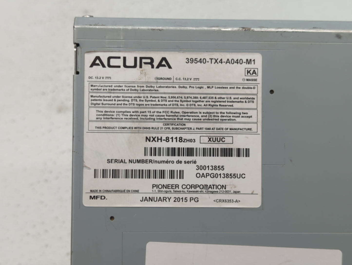 2013-2015 Acura Rdx Radio AM FM Cd Player Receiver Replacement P/N:39540-TX4-A011-M1 39540-TX4-A020-M1 Fits Fits 2013 2014 2