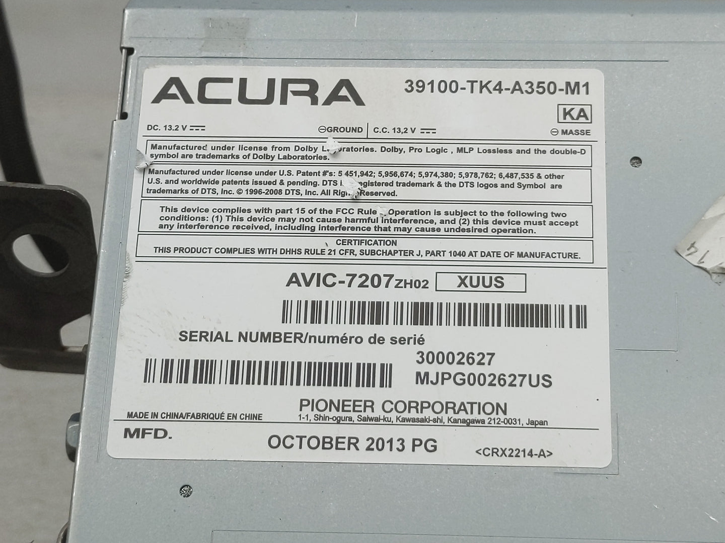 2013-2014 Acura Tl Radio AM FM Cd Player Receiver Replacement P/N:39100-TK4-A350-M1 Fits Fits 2013 2014 OEM Used Auto Parts 