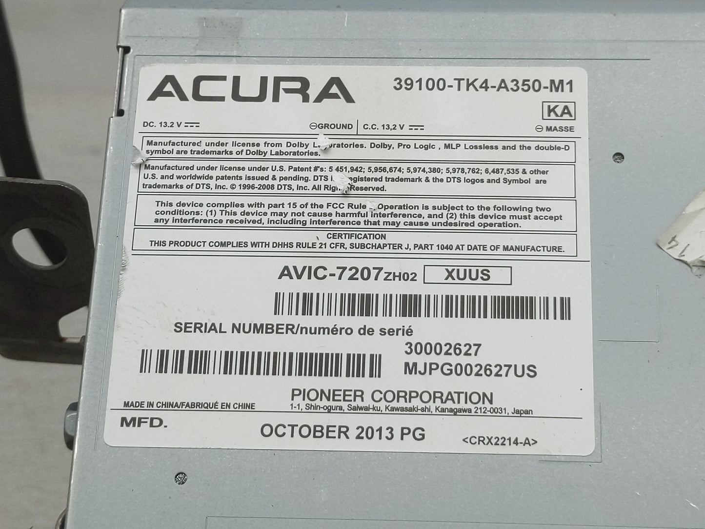 2013-2014 Acura Tl Radio AM FM Cd Player Receiver Replacement P/N:39100-TK4-A350-M1 Fits Fits 2013 2014 OEM Used Auto Parts 