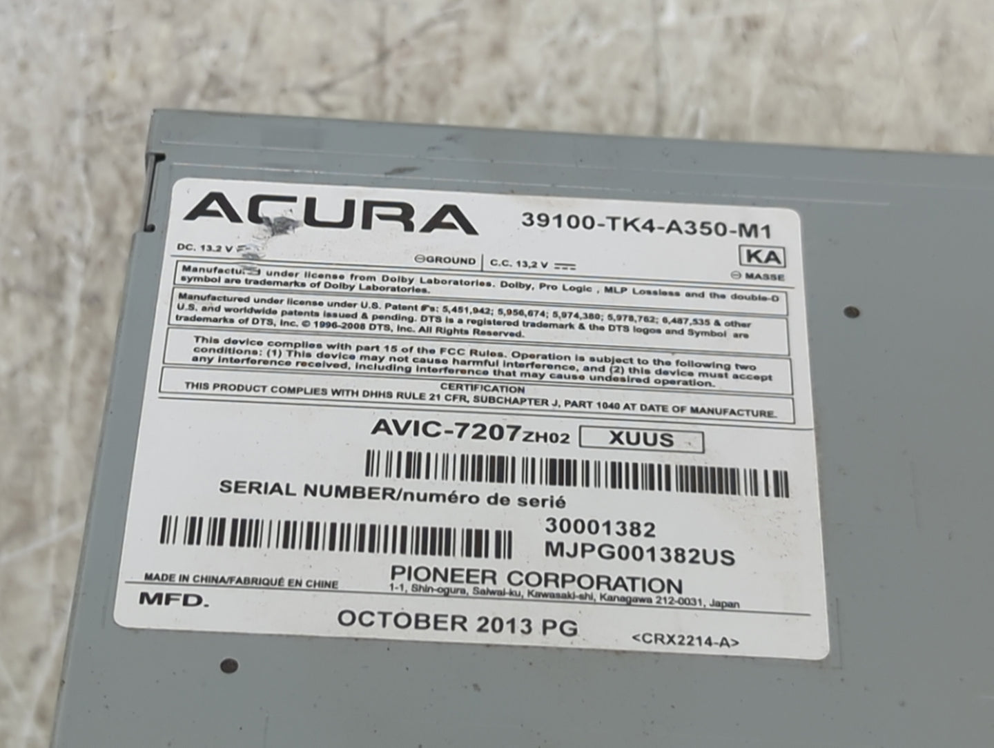 2013-2014 Acura Tl Radio AM FM Cd Player Receiver Replacement P/N:39100-TK4-A350-M1 AVIC-7207ZH02 Fits Fits 2013 2014 OEM Us