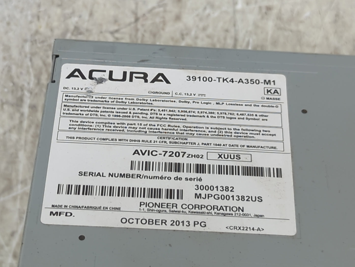2013-2014 Acura Tl Radio AM FM Cd Player Receiver Replacement P/N:39100-TK4-A350-M1 AVIC-7207ZH02 Fits Fits 2013 2014 OEM Us