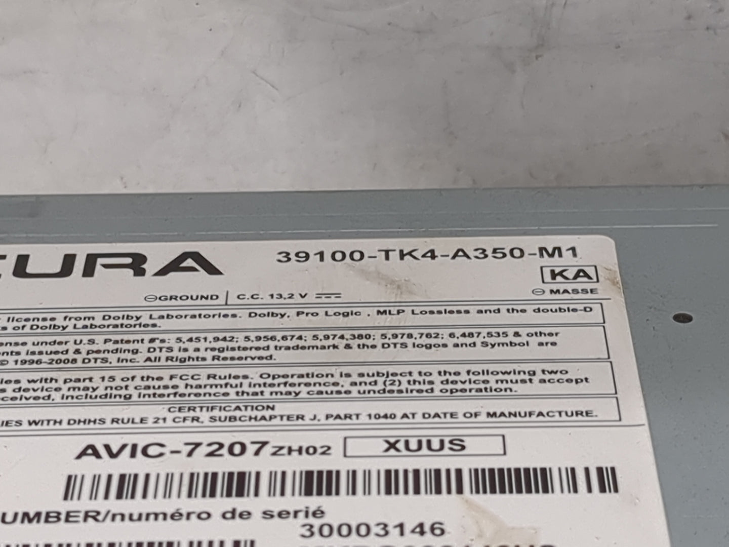 2013-2014 Acura Tl Radio AM FM Cd Player Receiver Replacement P/N:39100-TK4-A350-M1 AVIC-7207, 30003146 Fits Fits 2013 2014 