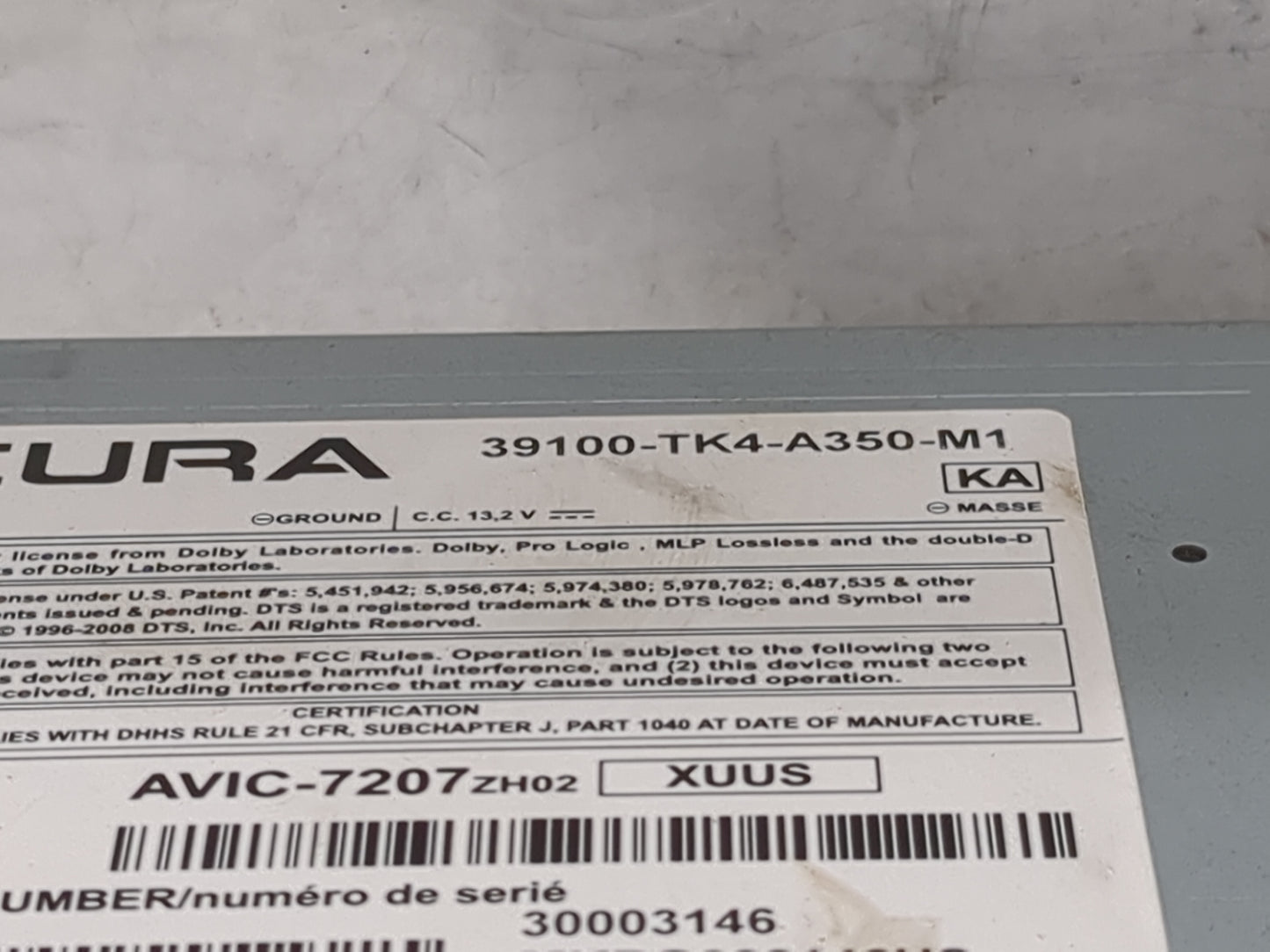 2013-2014 Acura Tl Radio AM FM Cd Player Receiver Replacement P/N:39100-TK4-A350-M1 AVIC-7207, 30003146 Fits Fits 2013 2014 