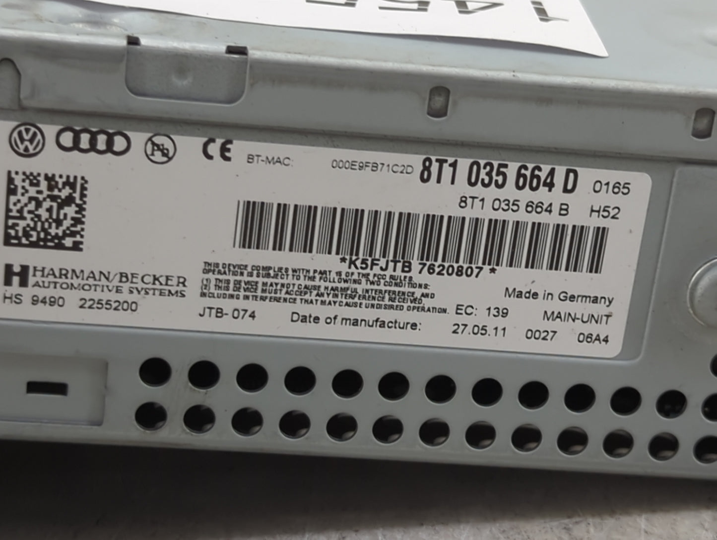 2010-2017 Audi A5 Radio AM FM Cd Player Receiver Replacement P/N:8R1035186Q CQ-JA12E6AE Fits OEM Used Auto Parts - Oemusedau