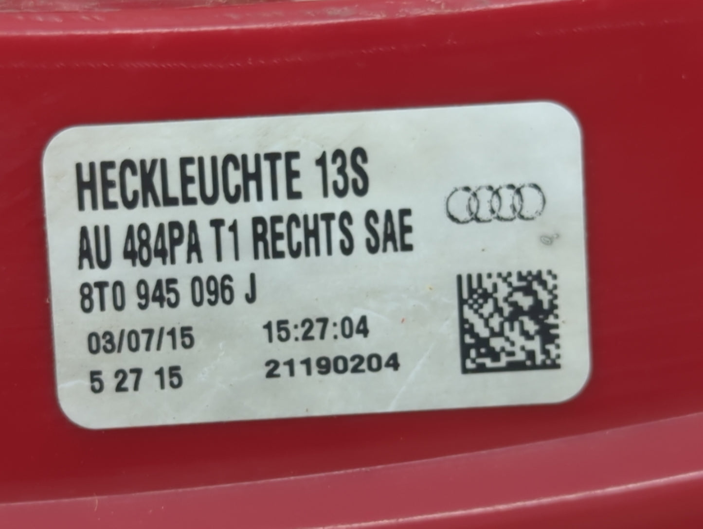 2013-2017 Audi A5 Tail Light Assembly Passenger Right OEM P/N:8T0945096L Fits Fits 2013 2014 2015 2016 2017 OEM Used Auto Pa
