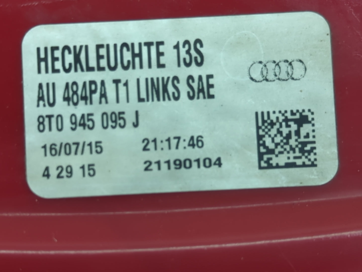 2013-2017 Audi A5 Tail Light Assembly Driver Left OEM P/N:8T0 945 095 J Fits Fits 2013 2014 2015 2016 2017 OEM Used Auto Par