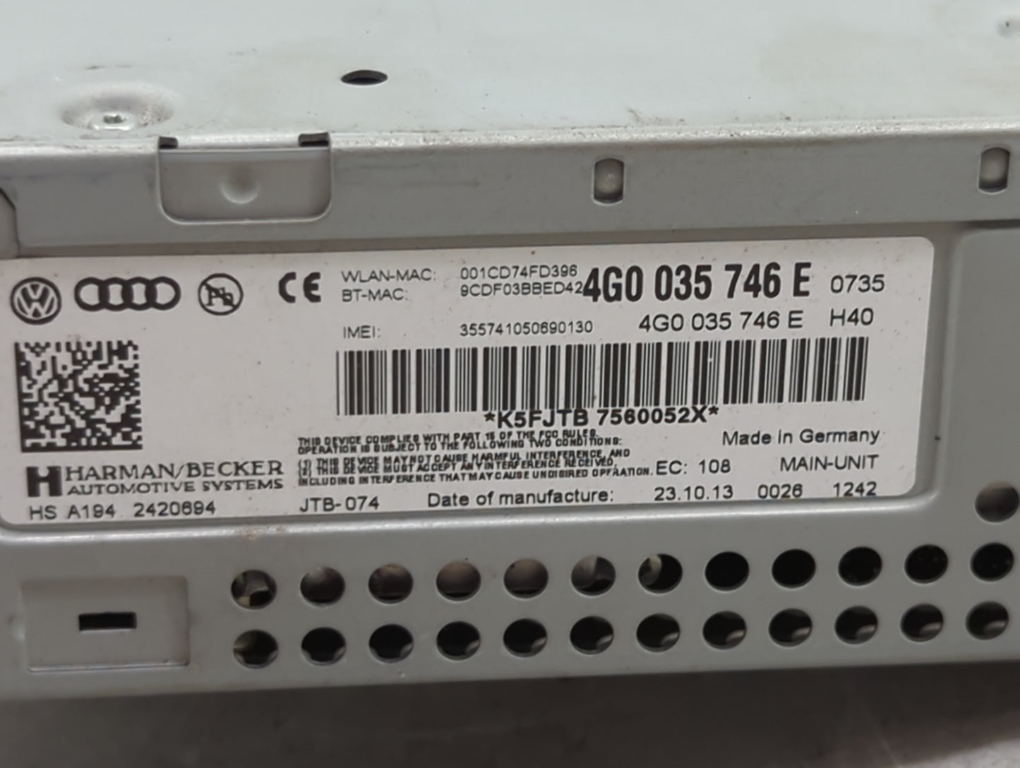 2012-2015 Audi A7 Radio AM FM Cd Player Receiver Replacement P/N:4G0035746E Fits Fits 2012 2013 2014 2015 OEM Used Auto Part