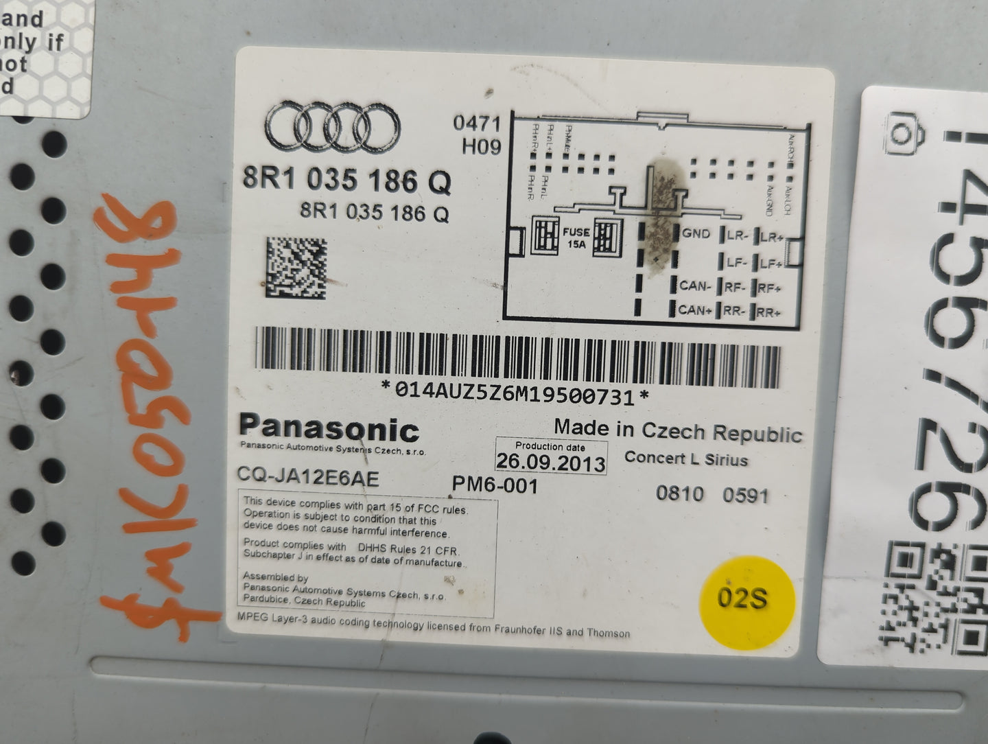 2014 Audi Q5 Radio AM FM Cd Player Receiver Replacement P/N:8R1035186Q CQ-JA12E6AE Fits OEM Used Auto Parts - Oemusedautopar