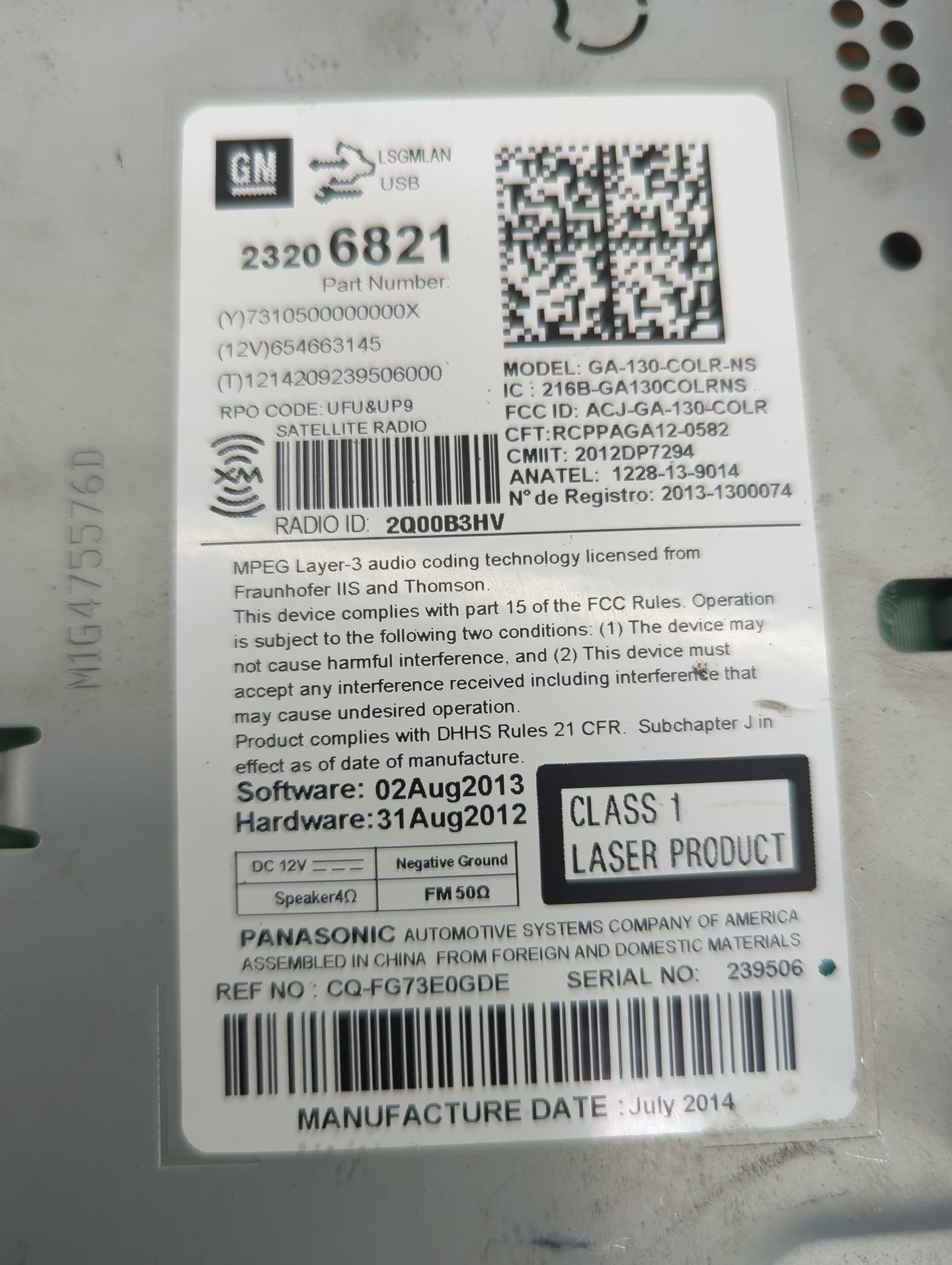 2014 Chevrolet Cruze Radio AM FM Cd Player Receiver Replacement P/N:23206821 GA-130-COLR-NS, CQ-FG73E0GDE, ACJ-GA-130-COLR F