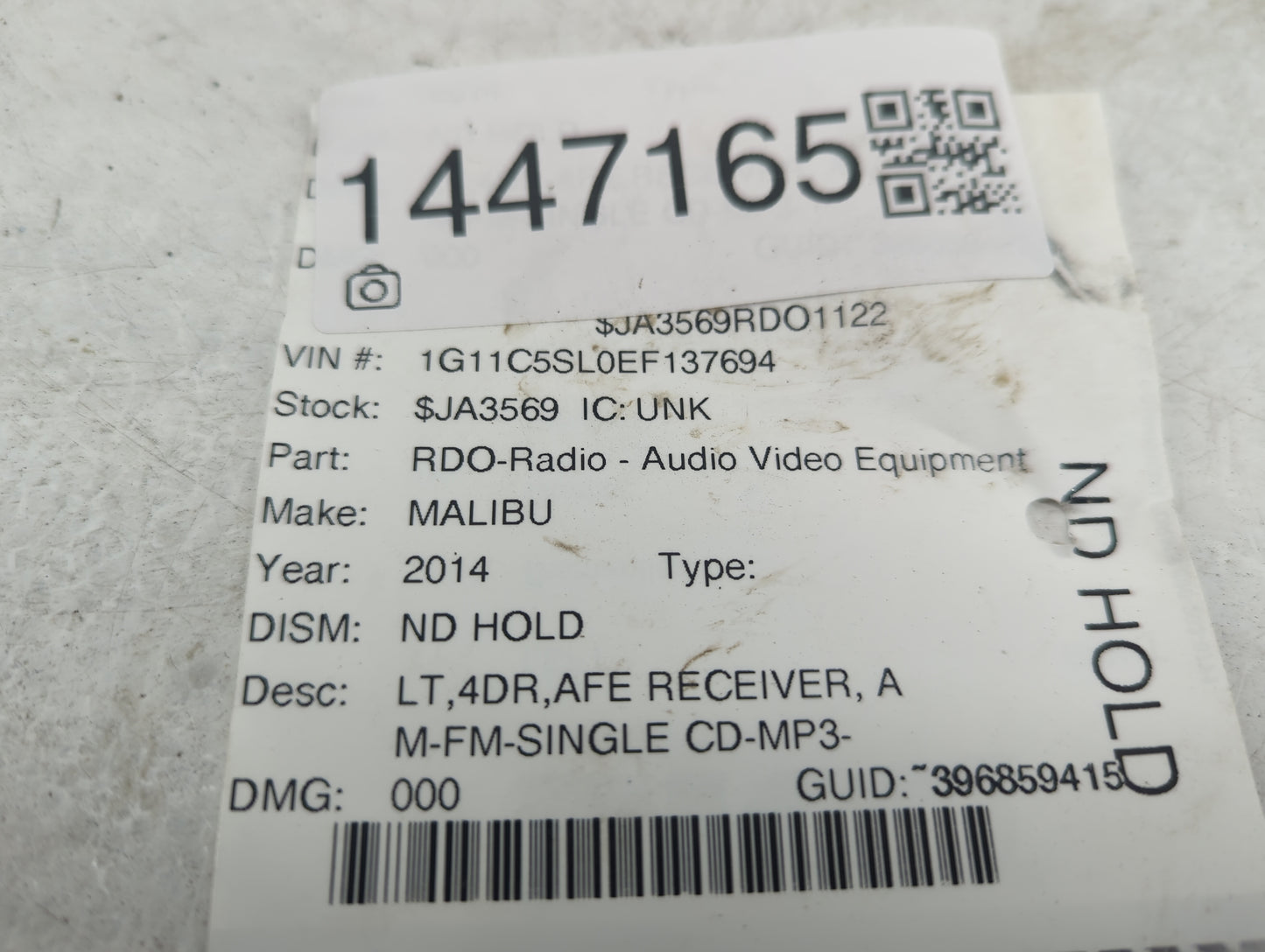 2014 Chevrolet Malibu Radio AM FM Cd Player Receiver Replacement P/N:M647562A Fits OEM Used Auto Parts - Oemusedautoparts1.c