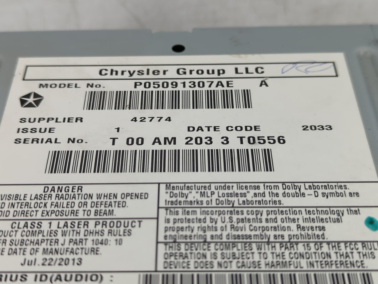 2011-2014 Chrysler 200 Radio AM FM Cd Player Receiver Replacement P/N:P05091307AE Fits OEM Used Auto Parts - Oemusedautopart