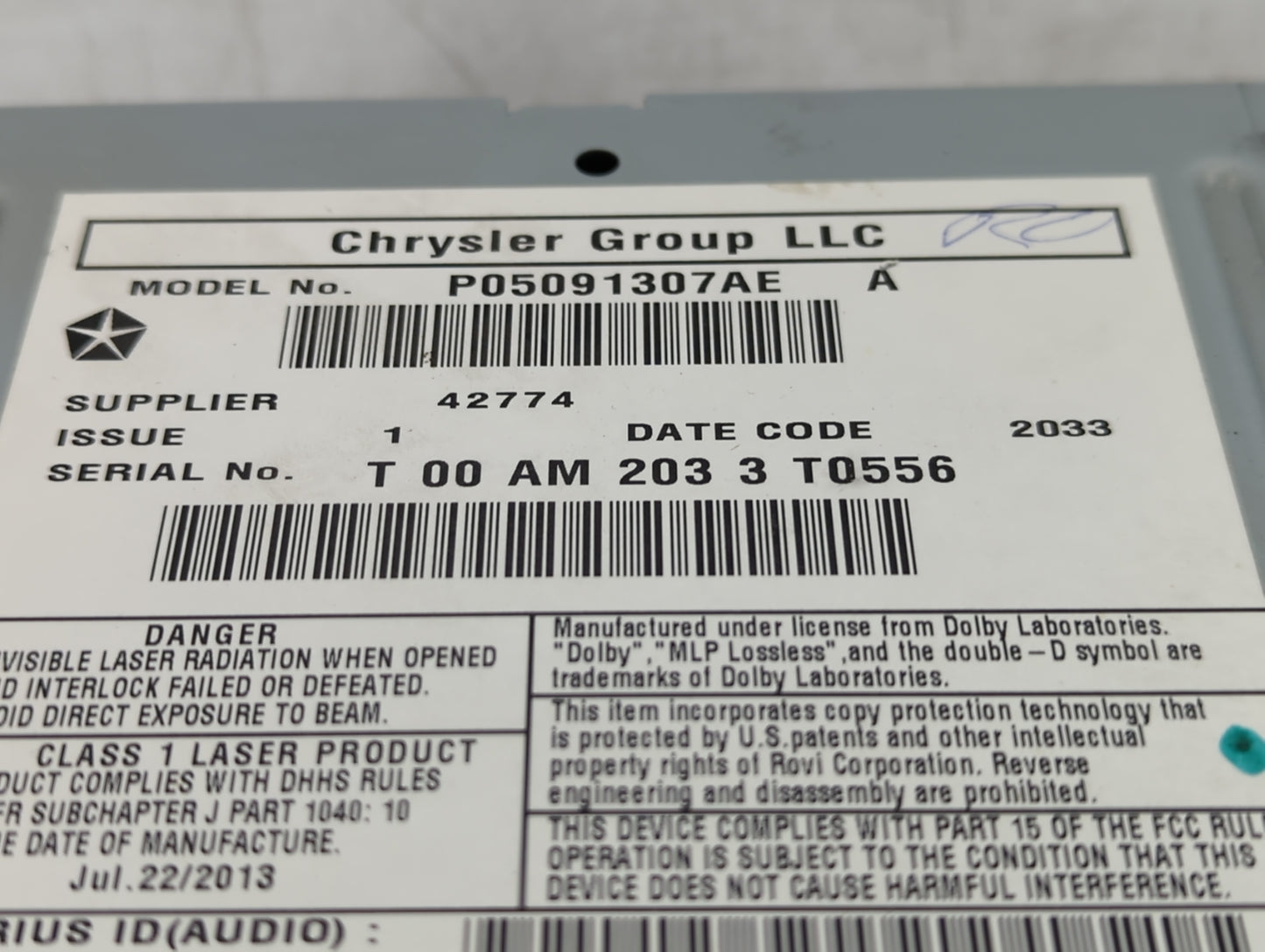 2011-2014 Chrysler 200 Radio AM FM Cd Player Receiver Replacement P/N:P05091307AE Fits OEM Used Auto Parts - Oemusedautopart