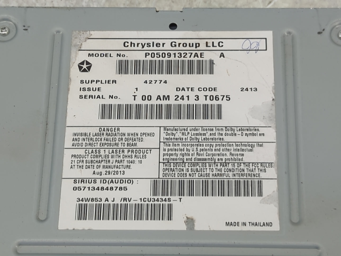 2014 Chrysler Town and Country Radio AM FM Cd Player Receiver Replacement P/N:P05091327AE Fits Fits 2013 2015 2016 OEM Used 