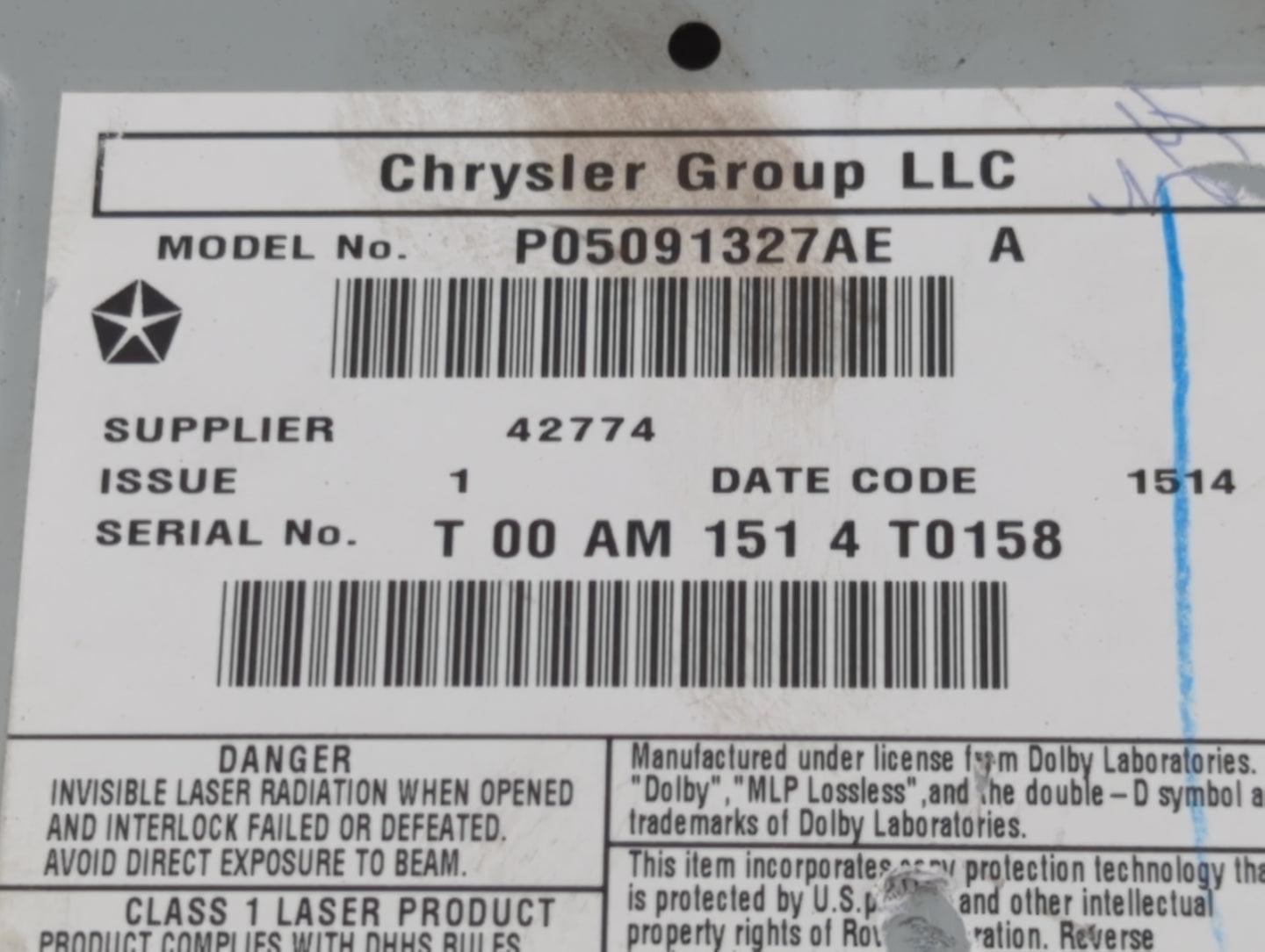 2012-2016 Chrysler Town & Country Radio AM FM Cd Player Receiver Replacement P/N:P05091327AE Fits OEM Used Auto Parts - Oemu