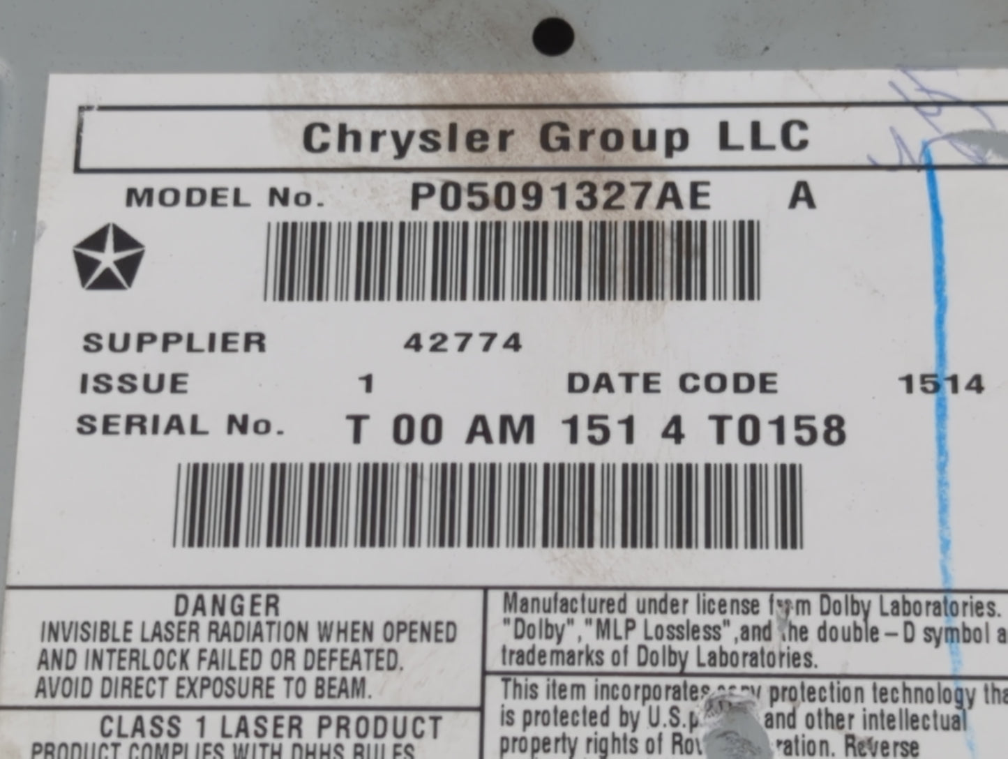 2012-2016 Chrysler Town & Country Radio AM FM Cd Player Receiver Replacement P/N:P05091327AE Fits OEM Used Auto Parts - Oemu