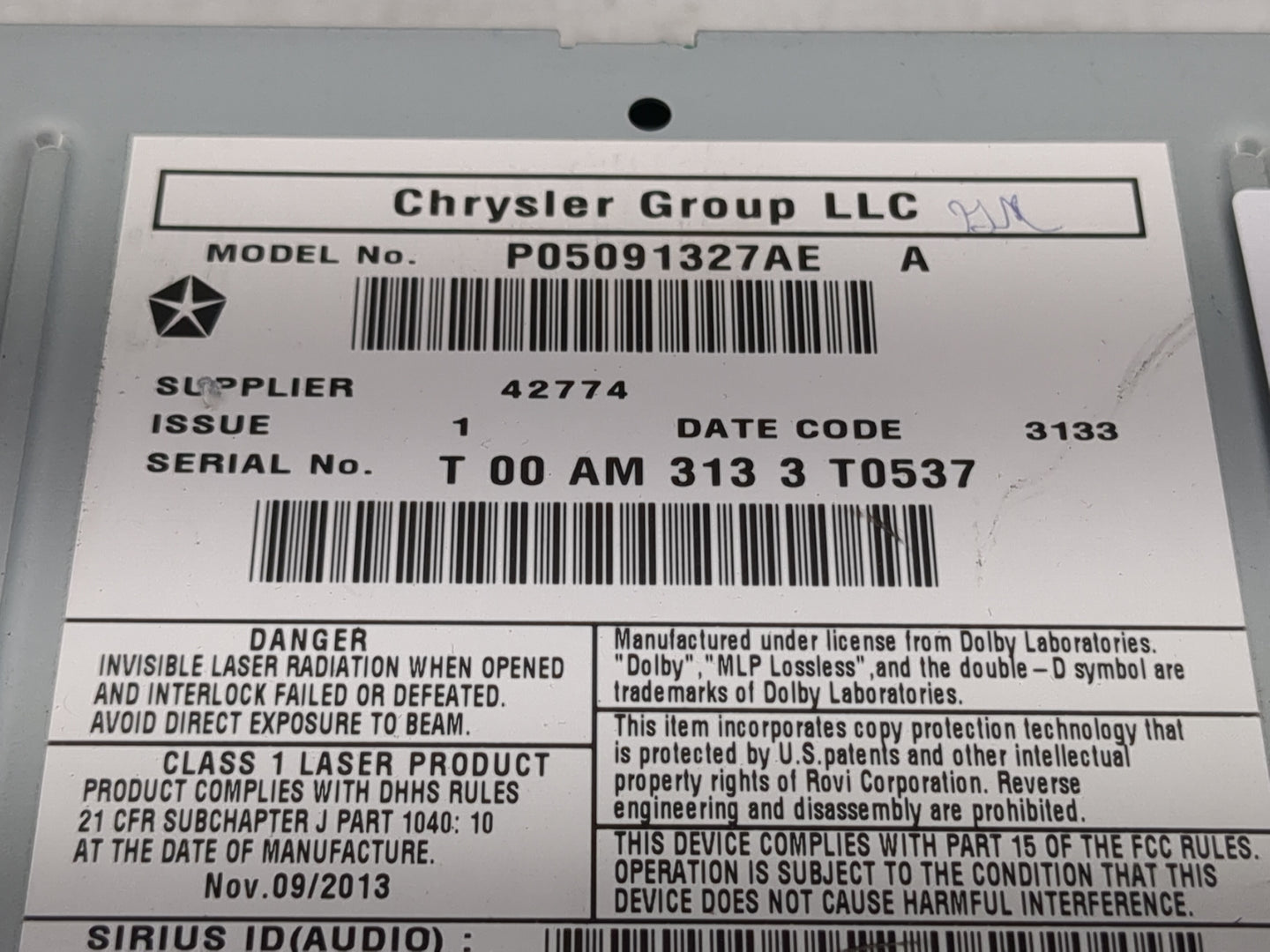 2012-2016 Chrysler Town & Country Radio AM FM Cd Player Receiver Replacement P/N:P05091327AE Fits OEM Used Auto Parts - Oemu