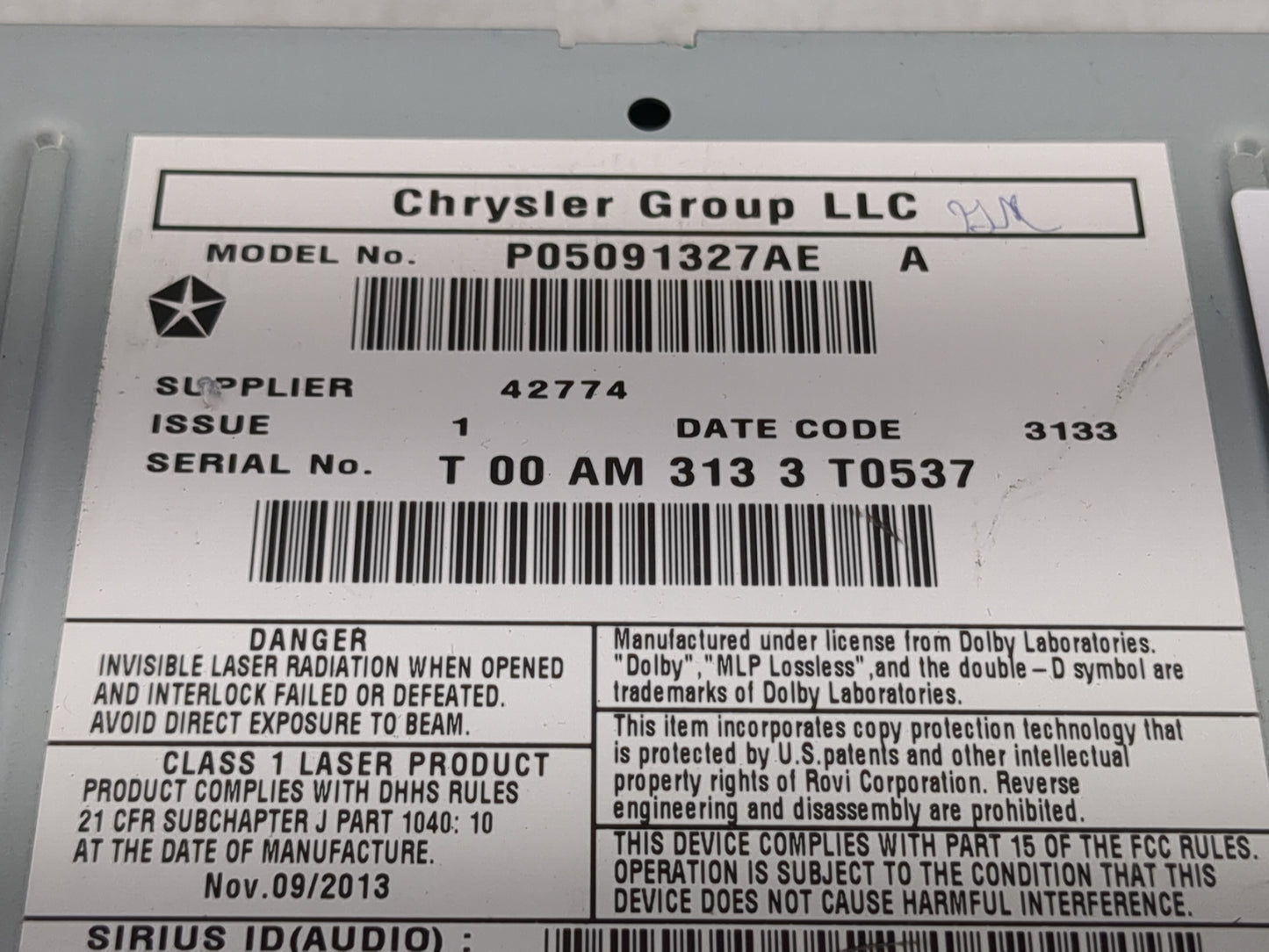 2012-2016 Chrysler Town & Country Radio AM FM Cd Player Receiver Replacement P/N:P05091327AE Fits OEM Used Auto Parts - Oemu