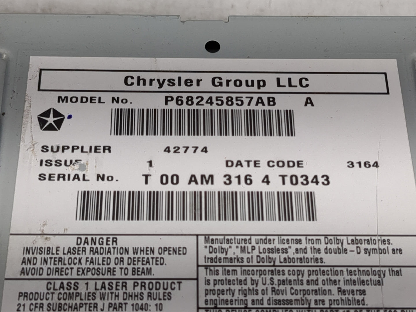 2012-2016 Chrysler Town & Country Radio AM FM Cd Player Receiver Replacement P/N:P68245857AB P05091327AE Fits OEM Used Auto 