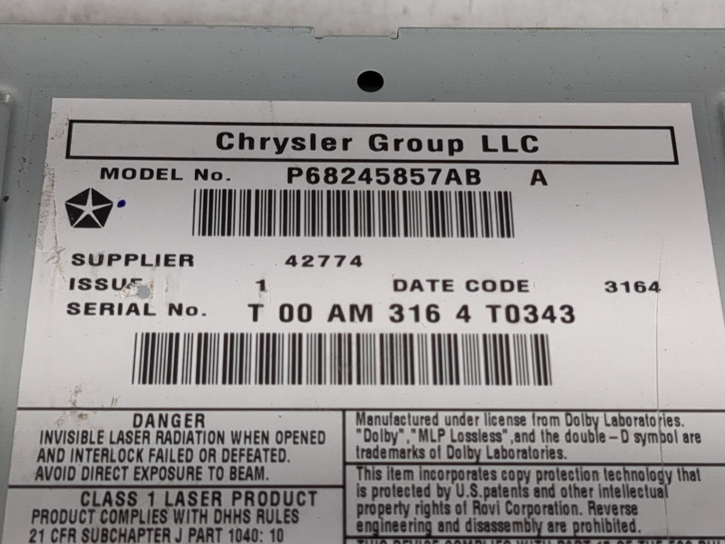 2012-2016 Chrysler Town & Country Radio AM FM Cd Player Receiver Replacement P/N:P68245857AB P05091327AE Fits OEM Used Auto 