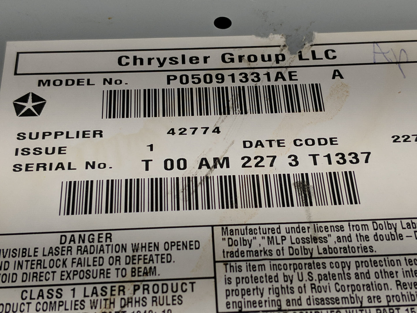 2012-2016 Chrysler Town & Country Radio AM FM Cd Player Receiver Replacement P/N:P05091331AE Fits OEM Used Auto Parts - Oemu