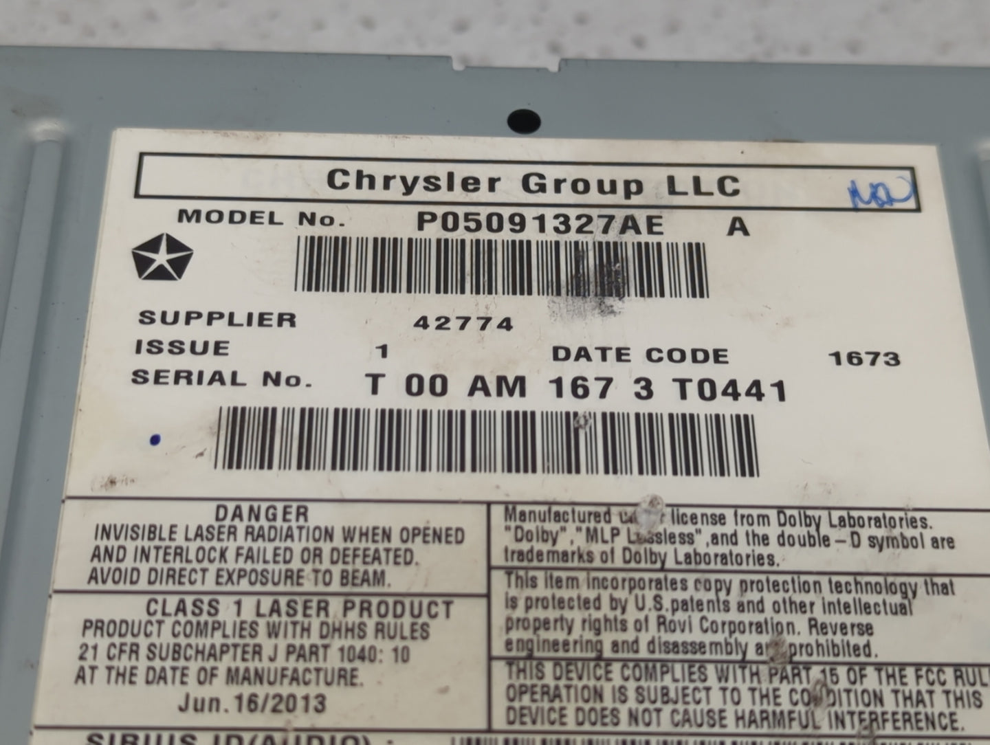 2012-2016 Chrysler Town & Country Radio AM FM Cd Player Receiver Replacement P/N:P05091327AE Fits OEM Used Auto Parts - Oemu