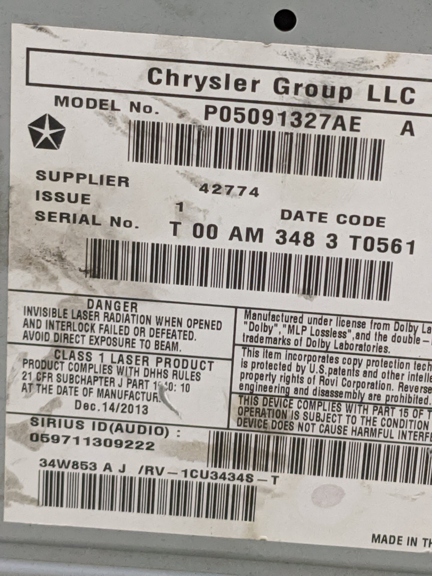 2012-2016 Chrysler Town & Country Radio AM FM Cd Player Receiver Replacement P/N:P05091327AE Fits OEM Used Auto Parts - Oemu