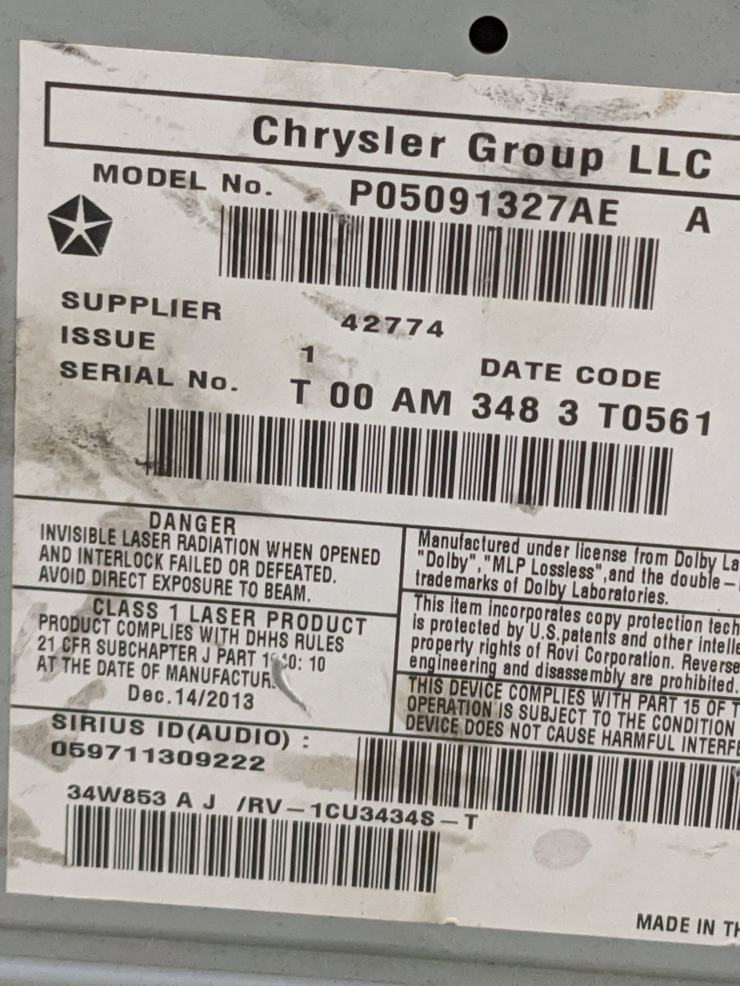 2012-2016 Chrysler Town & Country Radio AM FM Cd Player Receiver Replacement P/N:P05091327AE Fits OEM Used Auto Parts - Oemu