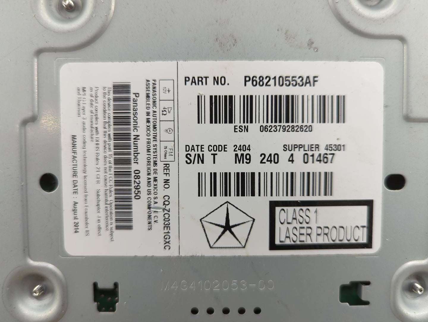 2014 Dodge Charger Radio AM FM Cd Player Receiver Replacement P/N:P68210553AF CQ-ZC03E1GXC Fits OEM Used Auto Parts - Oemuse