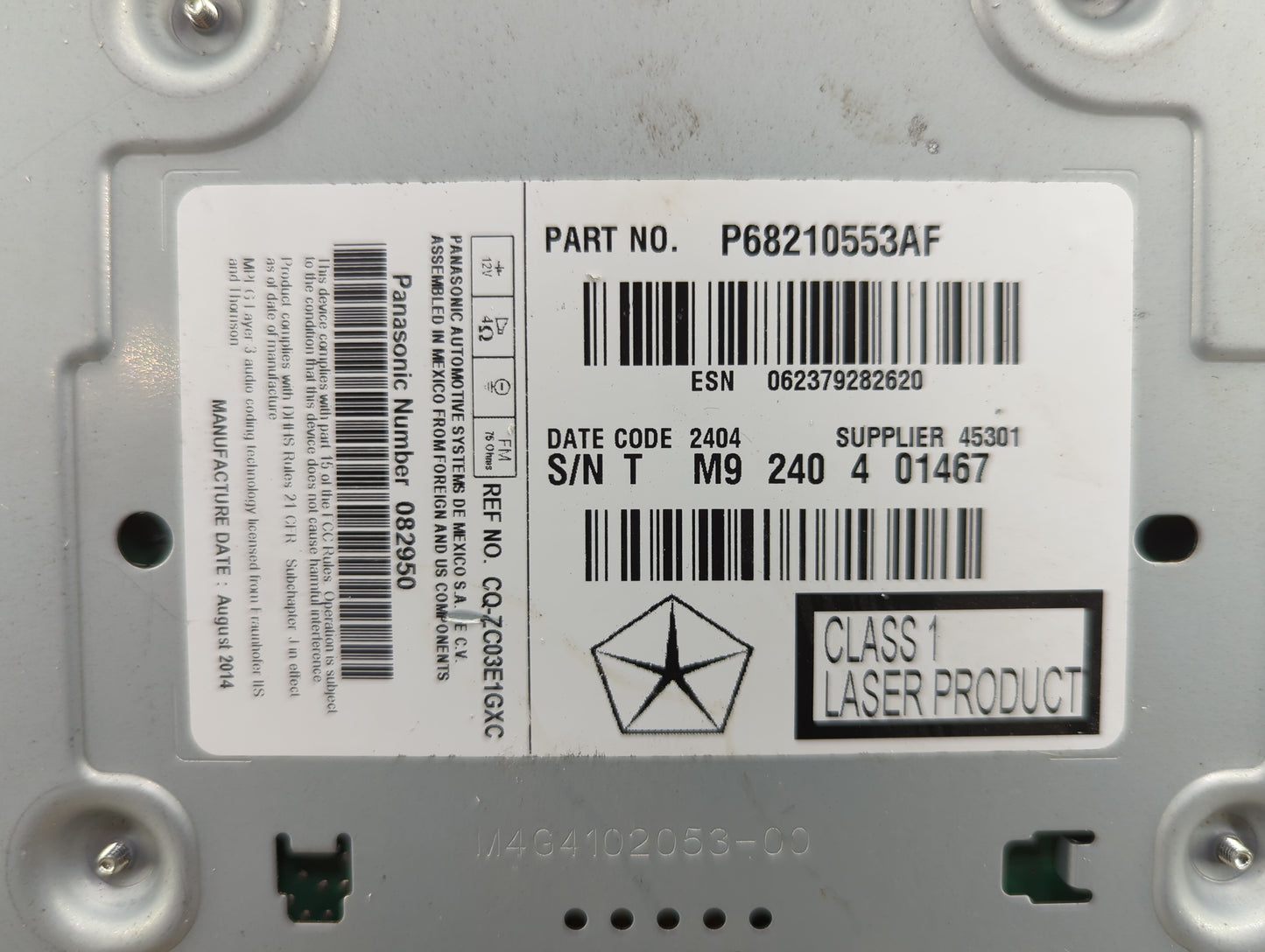 2014 Dodge Charger Radio AM FM Cd Player Receiver Replacement P/N:P68210553AF CQ-ZC03E1GXC Fits OEM Used Auto Parts - Oemuse